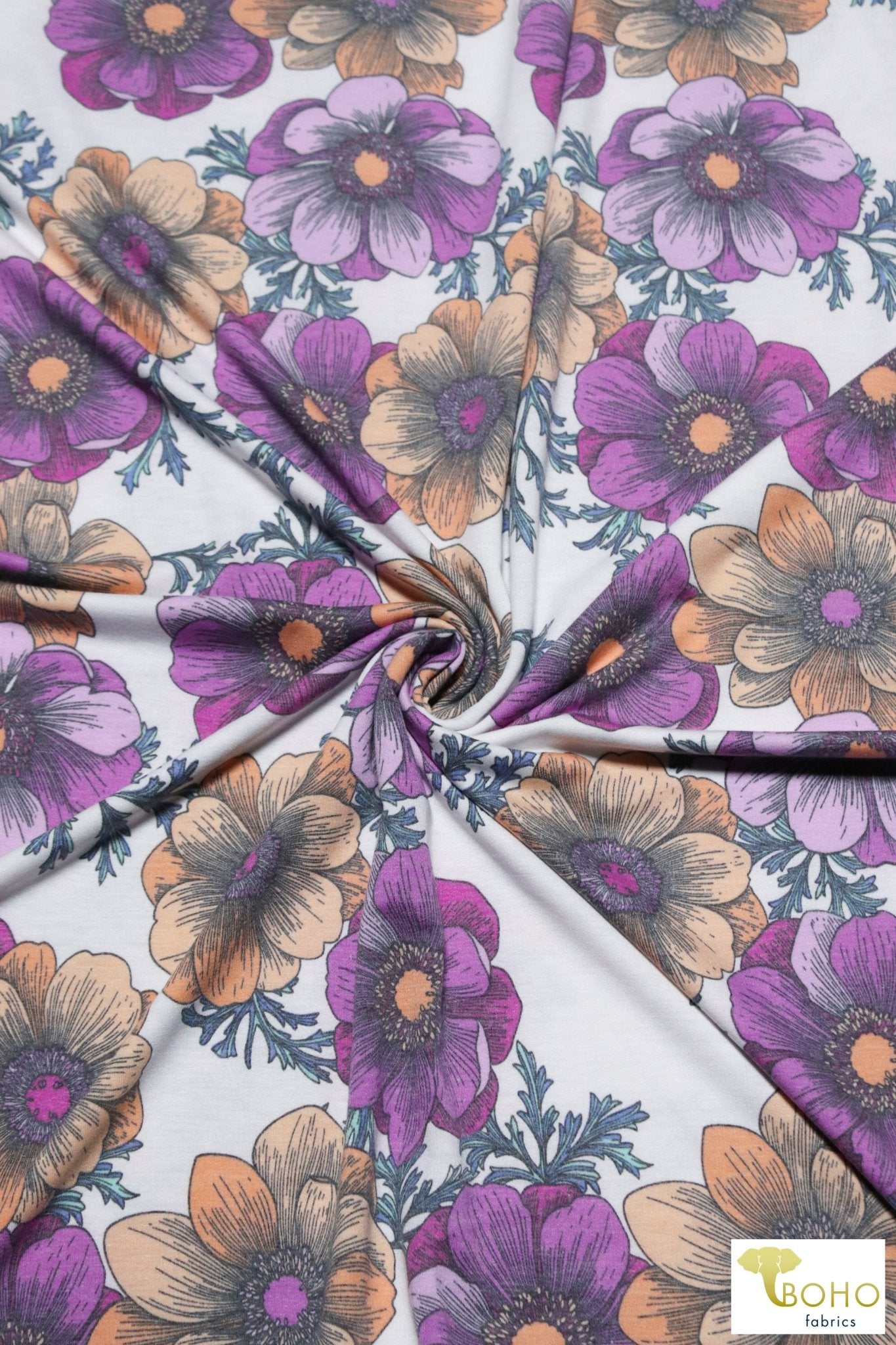 Joanie Retro Florals on Purple, French Terry Knit Print FTP-324-PURP - Boho Fabrics