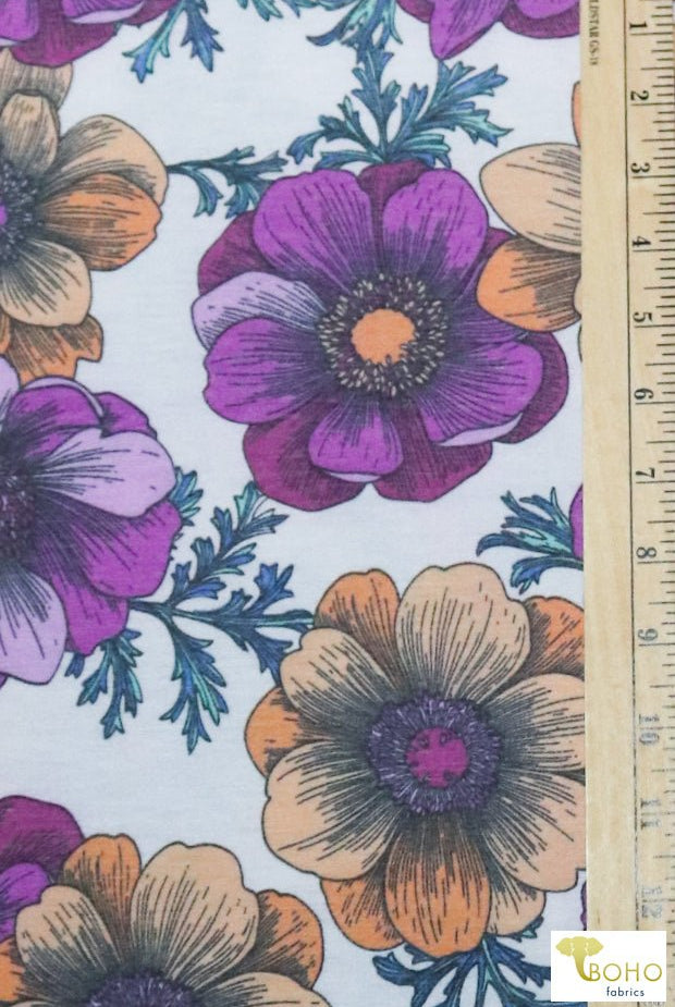 Joanie Retro Florals on Purple, French Terry Knit Print FTP-324-PURP - Boho Fabrics