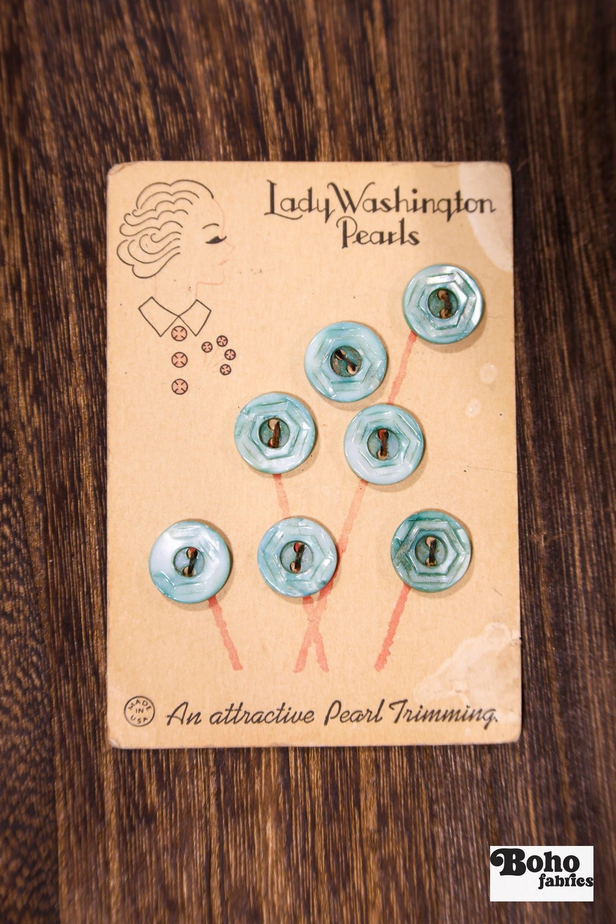 Lady Washington Vintage Mother of Pearl Button Card — 12.5mm Aqua Blue Buttons, Flower Bouquet Card, 1920's-1930's - Boho Fabrics - Buttons & Snaps