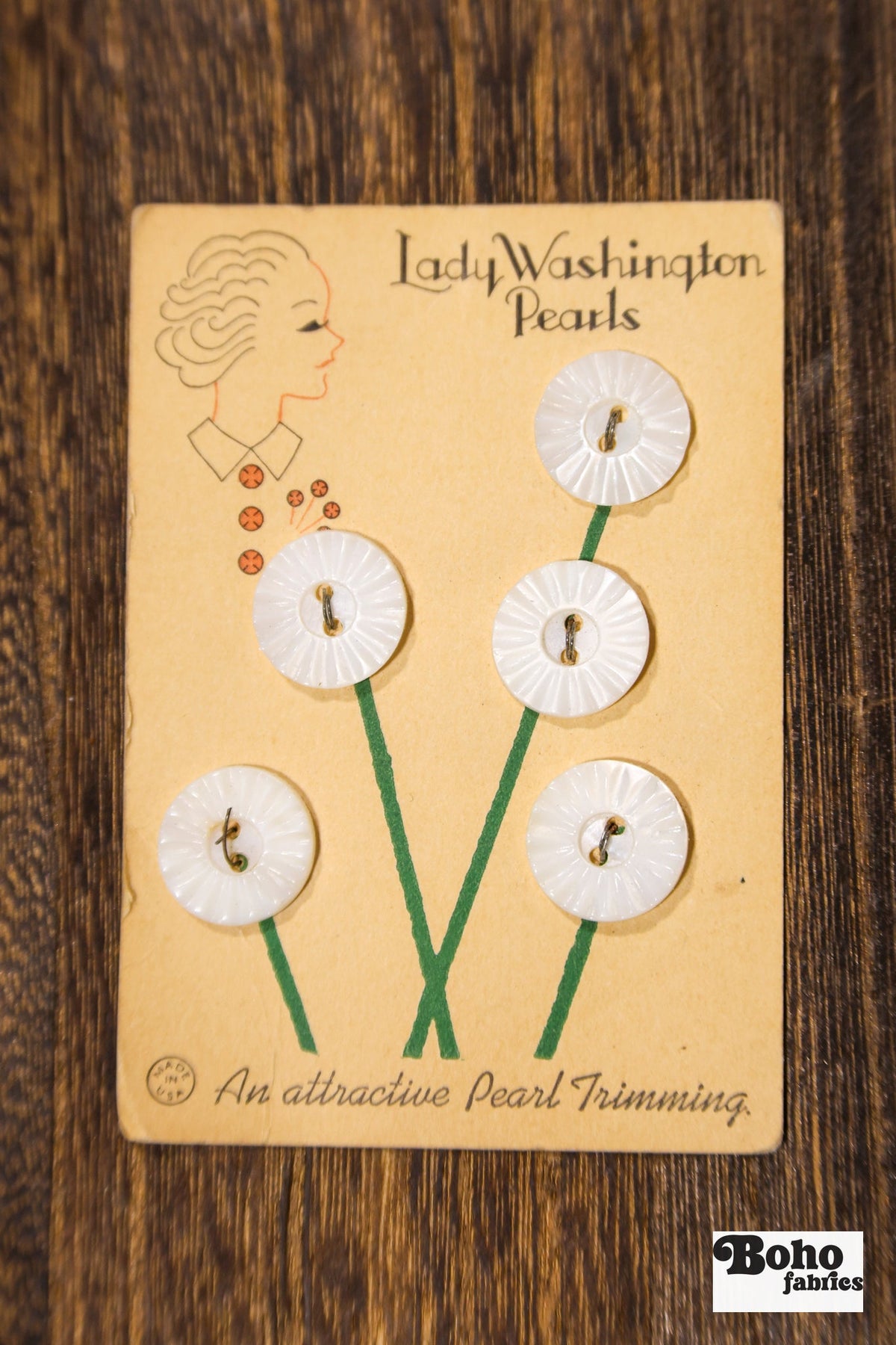 Lady Washington Vintage Mother of Pearl Button Card — 15mm White Buttons, Flower Bouquet Card, 1920's-1930's - Boho Fabrics - Buttons & Snaps