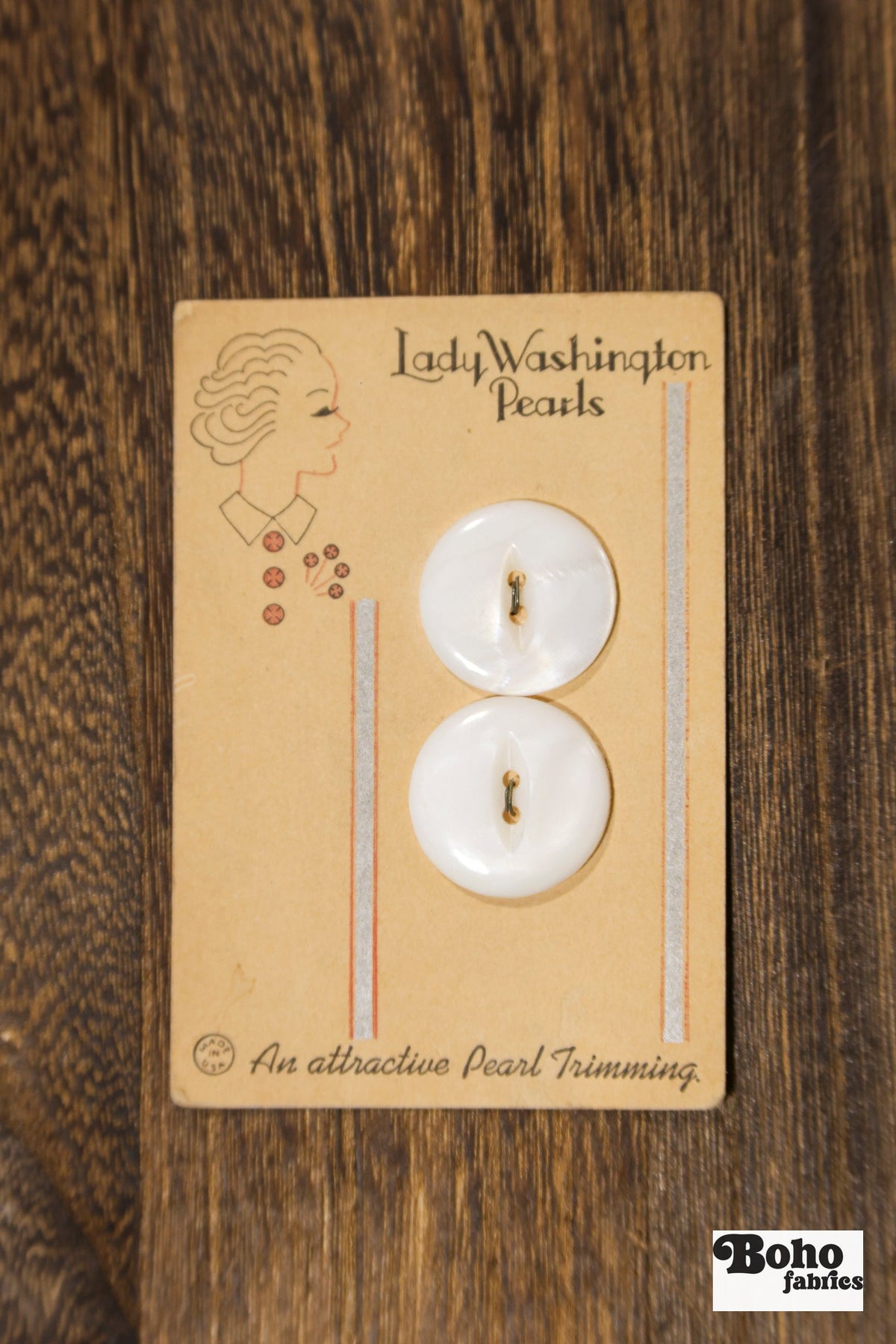 Lady Washington Vintage Mother of Pearl Button Card — 24mm Large White Buttons, Set of 2, Flower Stem Card, 1920s–30s - Boho Fabrics - Buttons & Snaps