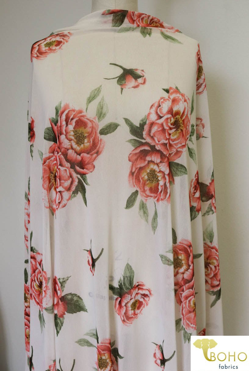 Large Scale Pink Florals on White. Stretch Mesh. SM-109. - Boho Fabrics
