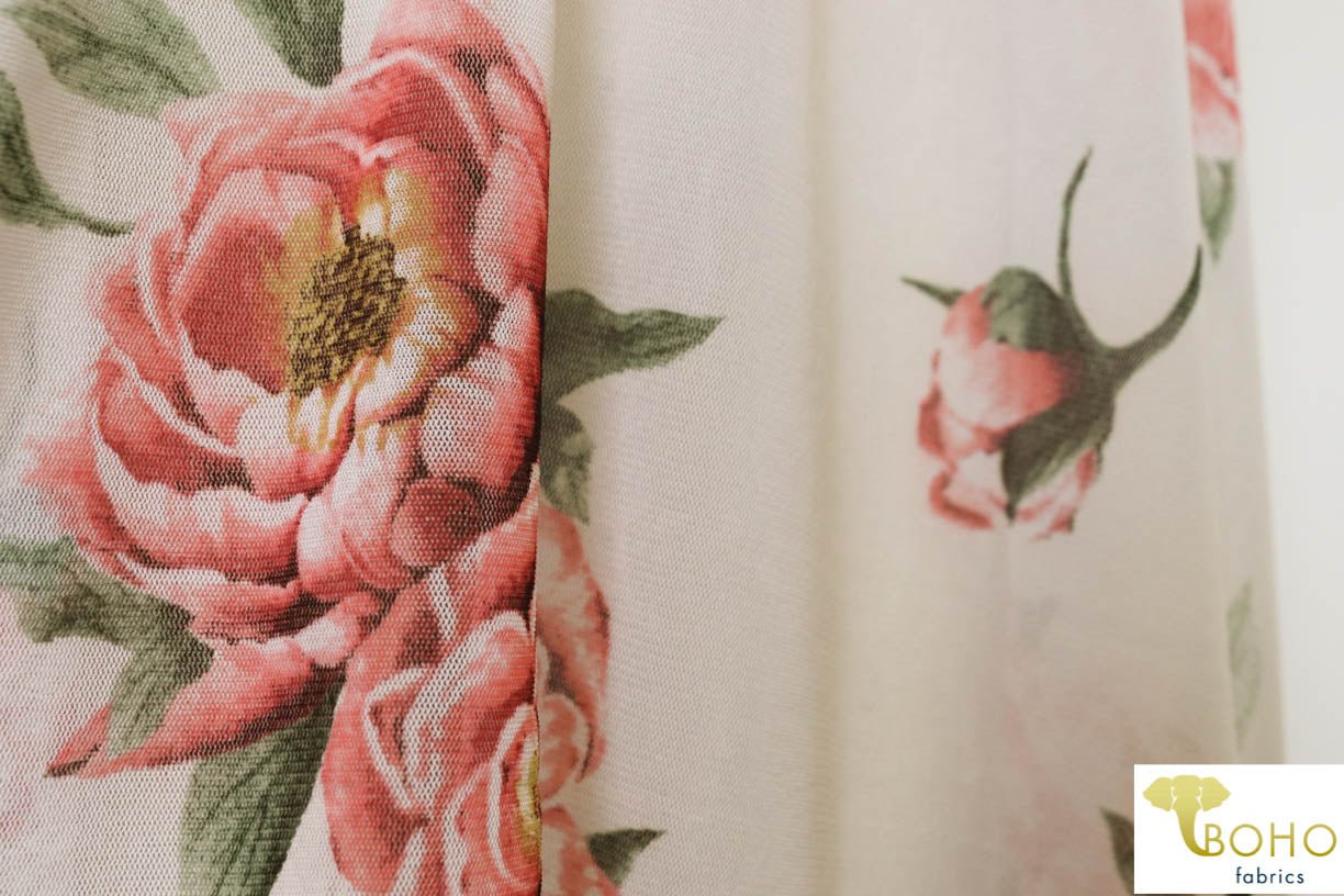 Large Scale Pink Florals on White. Stretch Mesh. SM-109. - Boho Fabrics