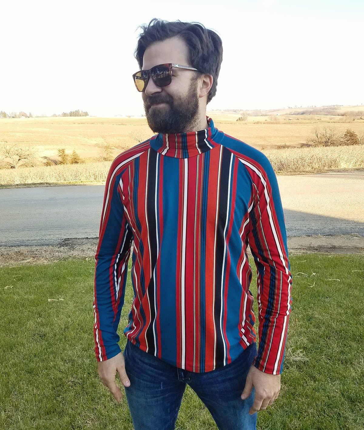 Last Cuts! 70's Mod Vertical Stripes in Red, Teal and Black Double Brushed Poly Knit Fabric DBP-046 - Boho Fabrics