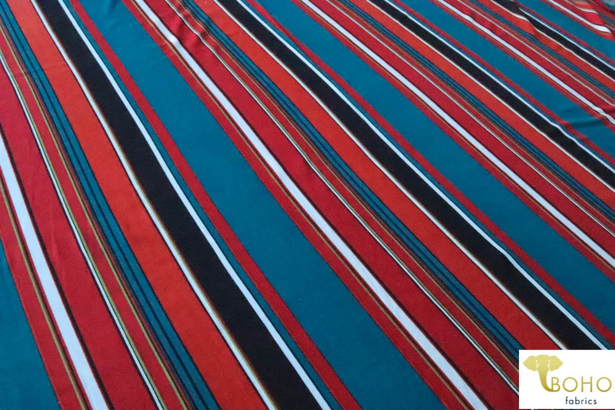 Last Cuts! 70's Mod Vertical Stripes in Red, Teal and Black Double Brushed Poly Knit Fabric DBP-046 - Boho Fabrics