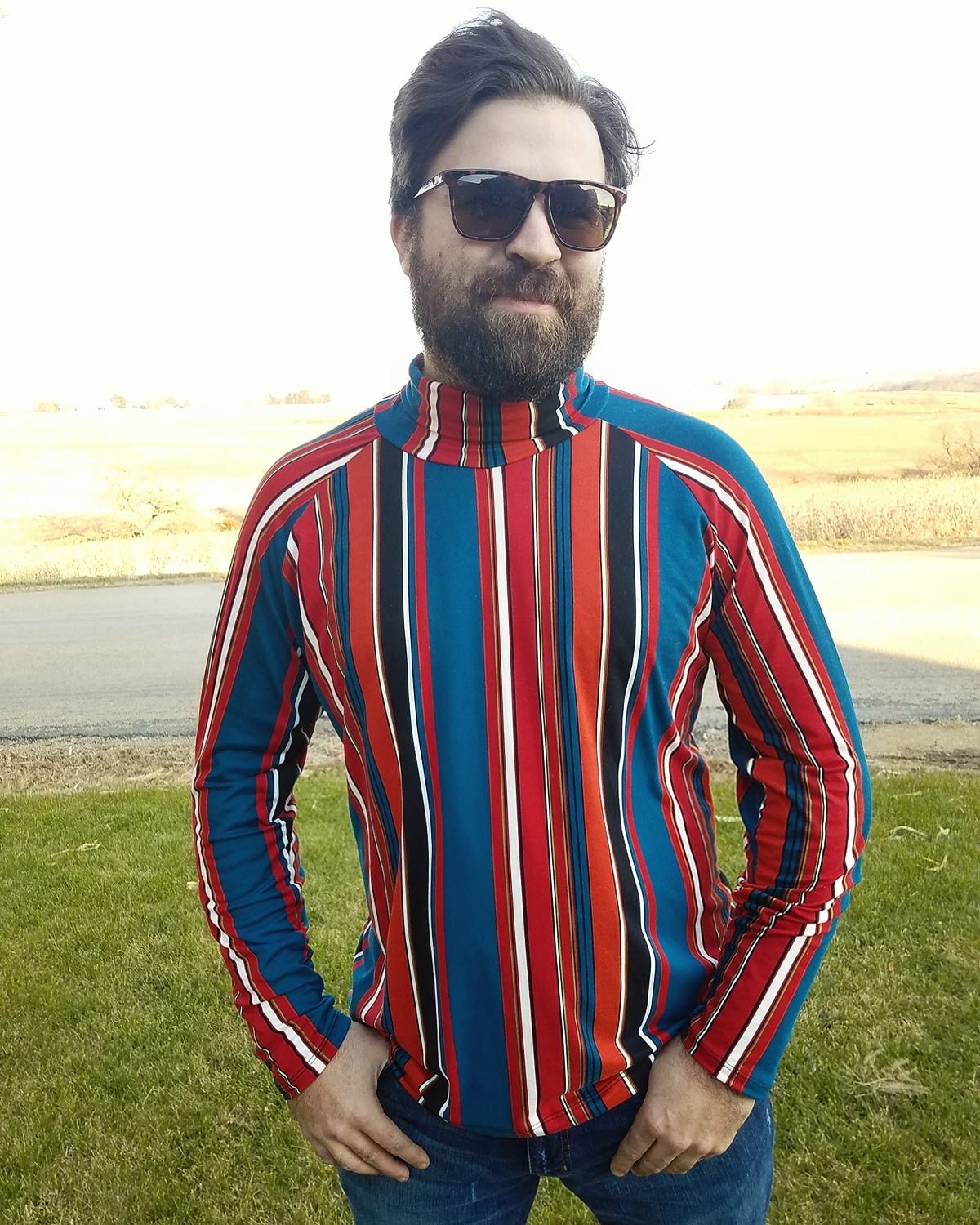 Last Cuts! 70's Mod Vertical Stripes in Red, Teal and Black Double Brushed Poly Knit Fabric DBP-046 - Boho Fabrics