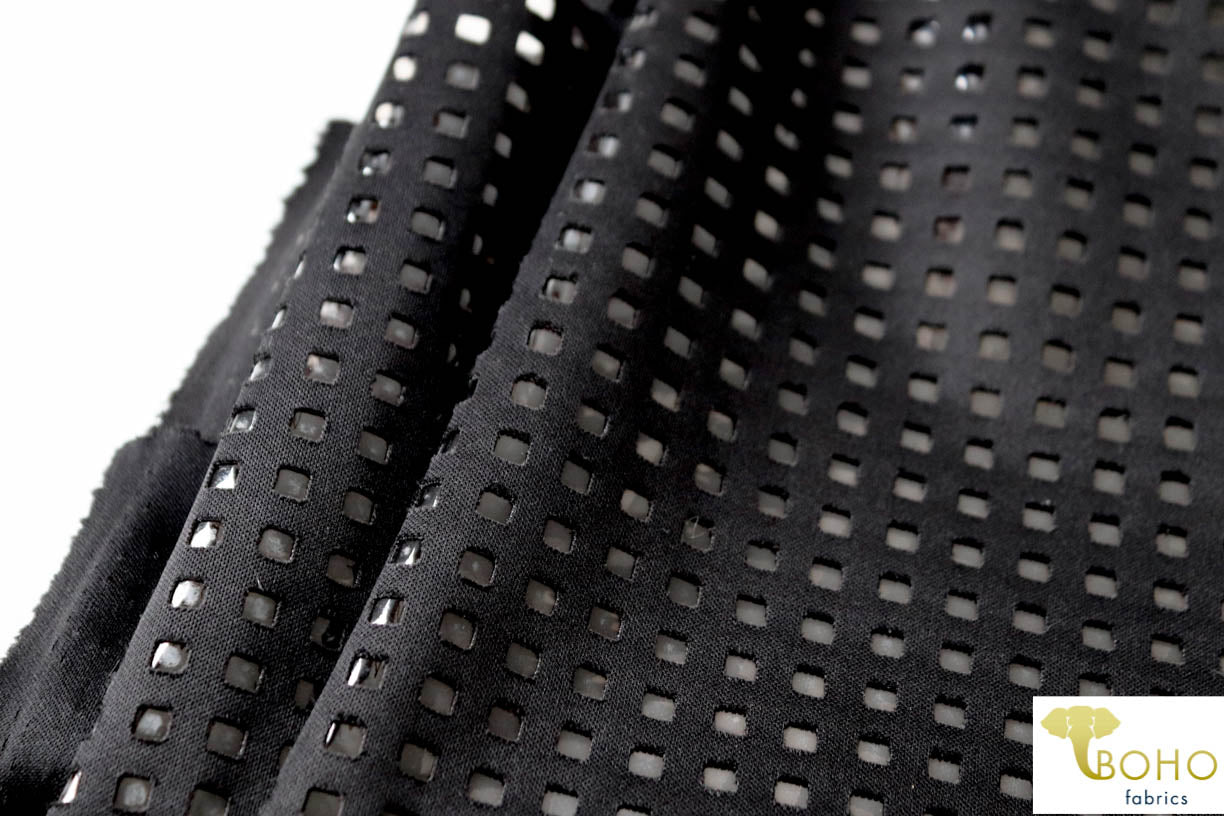 LAST CUTS! Black Laser Cut Techno Backed with Clear Vinyl. Special Occassion/Novelty Fabric - Boho Fabrics