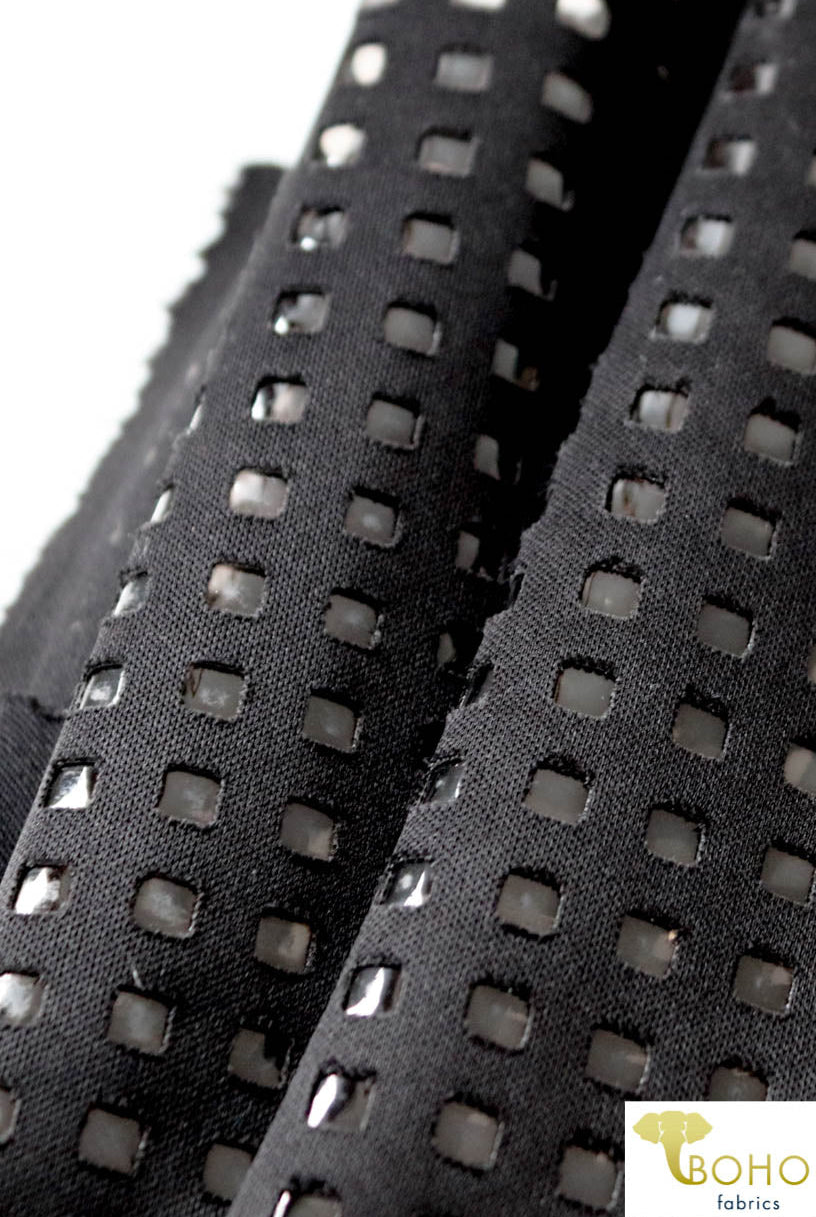 LAST CUTS! Black Laser Cut Techno Backed with Clear Vinyl. Special Occassion/Novelty Fabric - Boho Fabrics