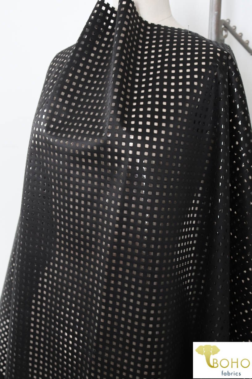 LAST CUTS! Black Laser Cut Techno Backed with Clear Vinyl. Special Occassion/Novelty Fabric - Boho Fabrics