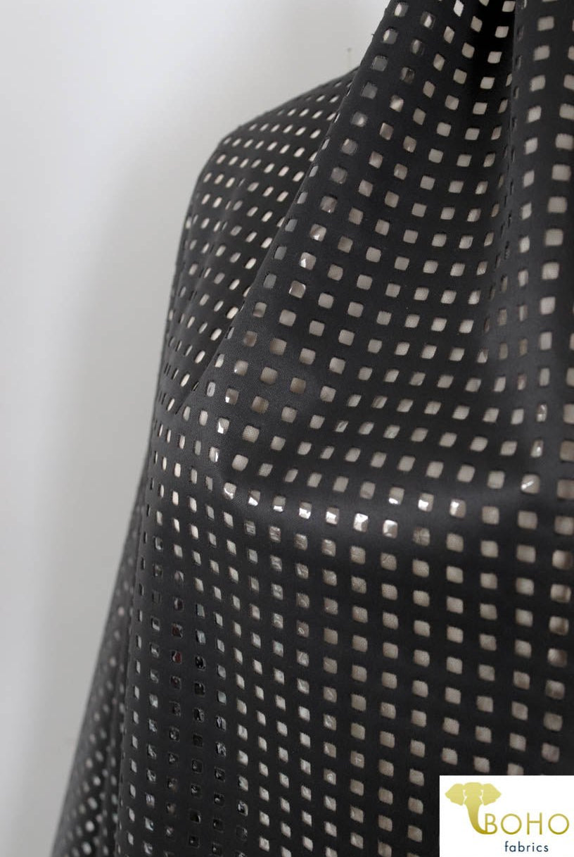 LAST CUTS! Black Laser Cut Techno Backed with Clear Vinyl. Special Occassion/Novelty Fabric - Boho Fabrics