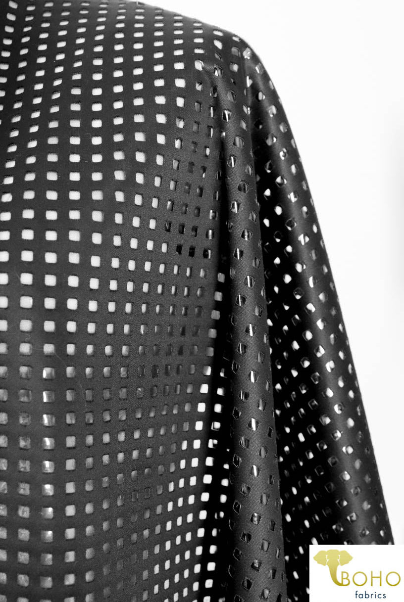 LAST CUTS! Black Laser Cut Techno Backed with Clear Vinyl. Special Occassion/Novelty Fabric - Boho Fabrics