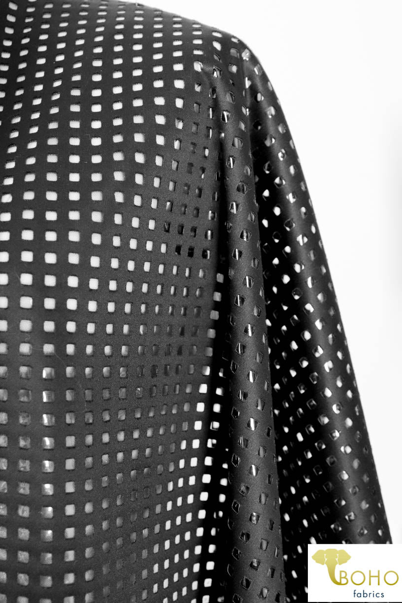 LAST CUTS! Black Laser Cut Techno Backed with Clear Vinyl. Special Occassion/Novelty Fabric - Boho Fabrics