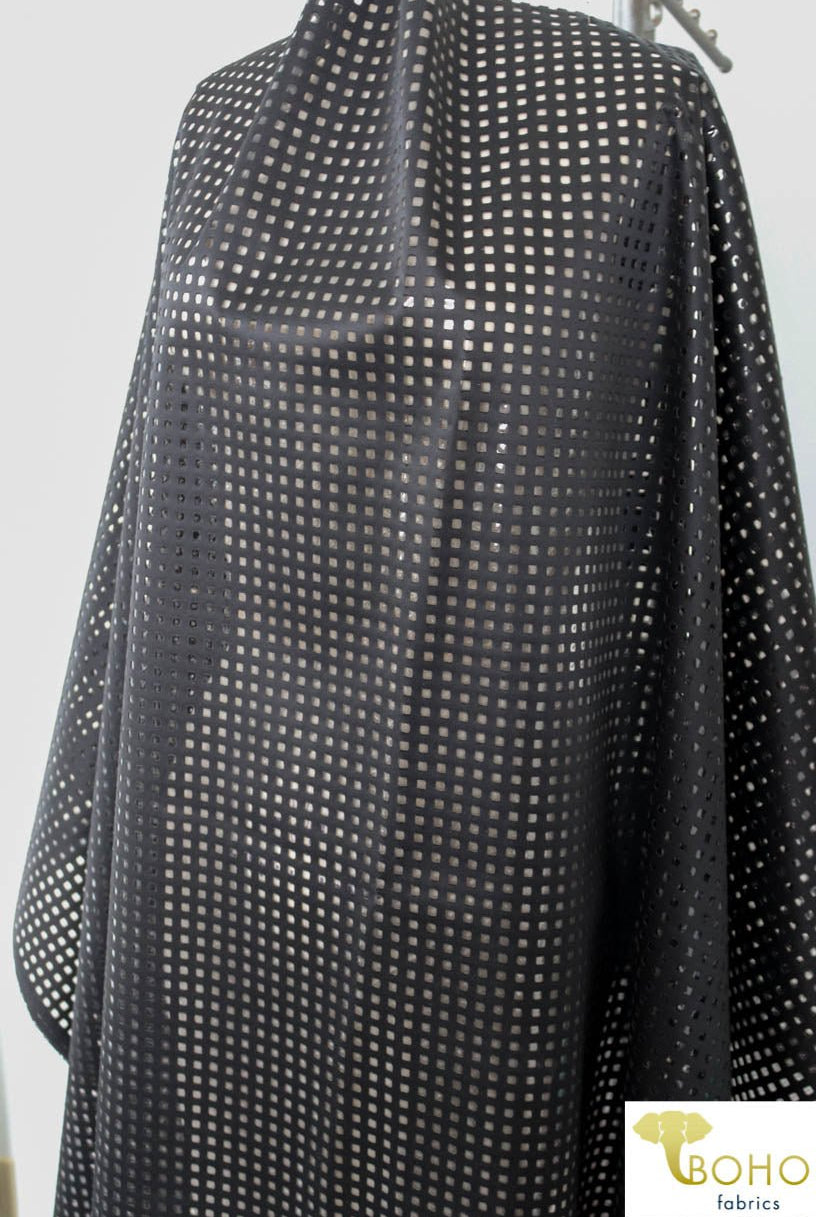 LAST CUTS! Black Laser Cut Techno Backed with Clear Vinyl. Special Occassion/Novelty Fabric - Boho Fabrics