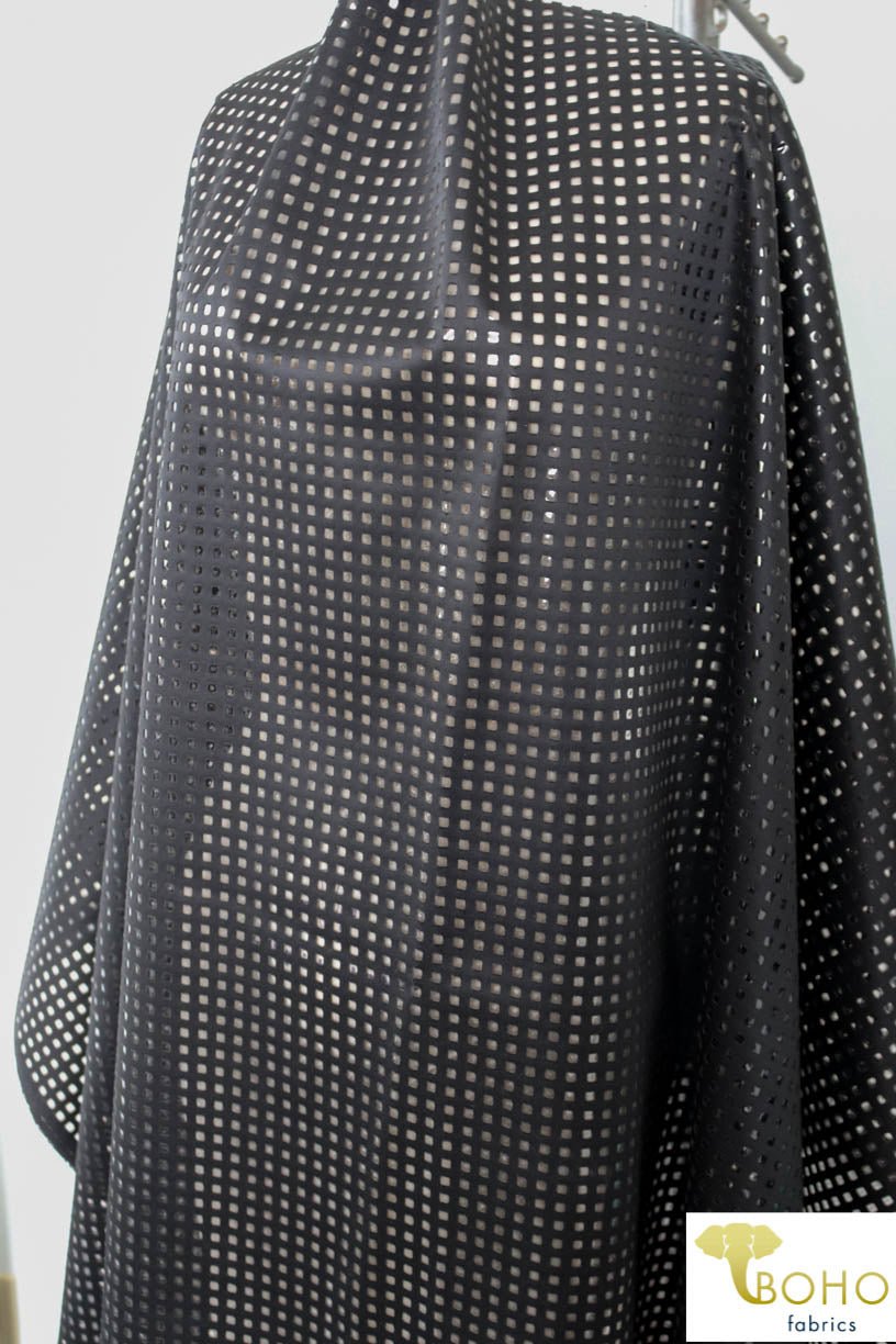 LAST CUTS! Black Laser Cut Techno Backed with Clear Vinyl. Special Occassion/Novelty Fabric - Boho Fabrics