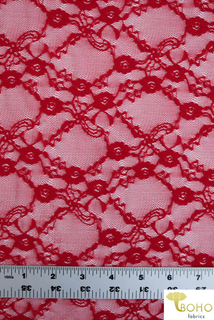 Last Cuts! "Diamond Flowers" in Classic Red. Stretch Lace. SL-110-RED. - Boho Fabrics