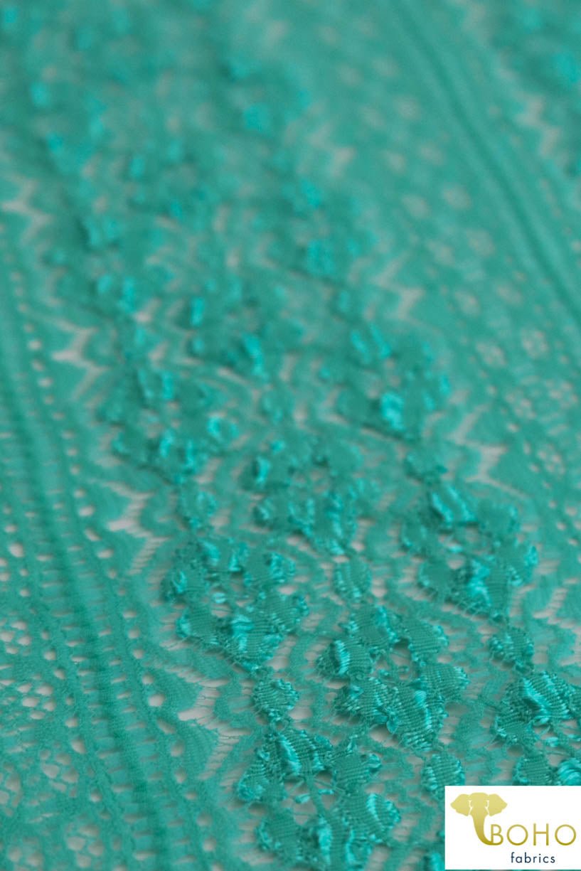 Last Cuts! Flower Kiss Crochet Stripes in Jeweled Aqua. Stretch Lace Knit. SL-106-AQA - Boho Fabrics - Stretch Lace Fabric