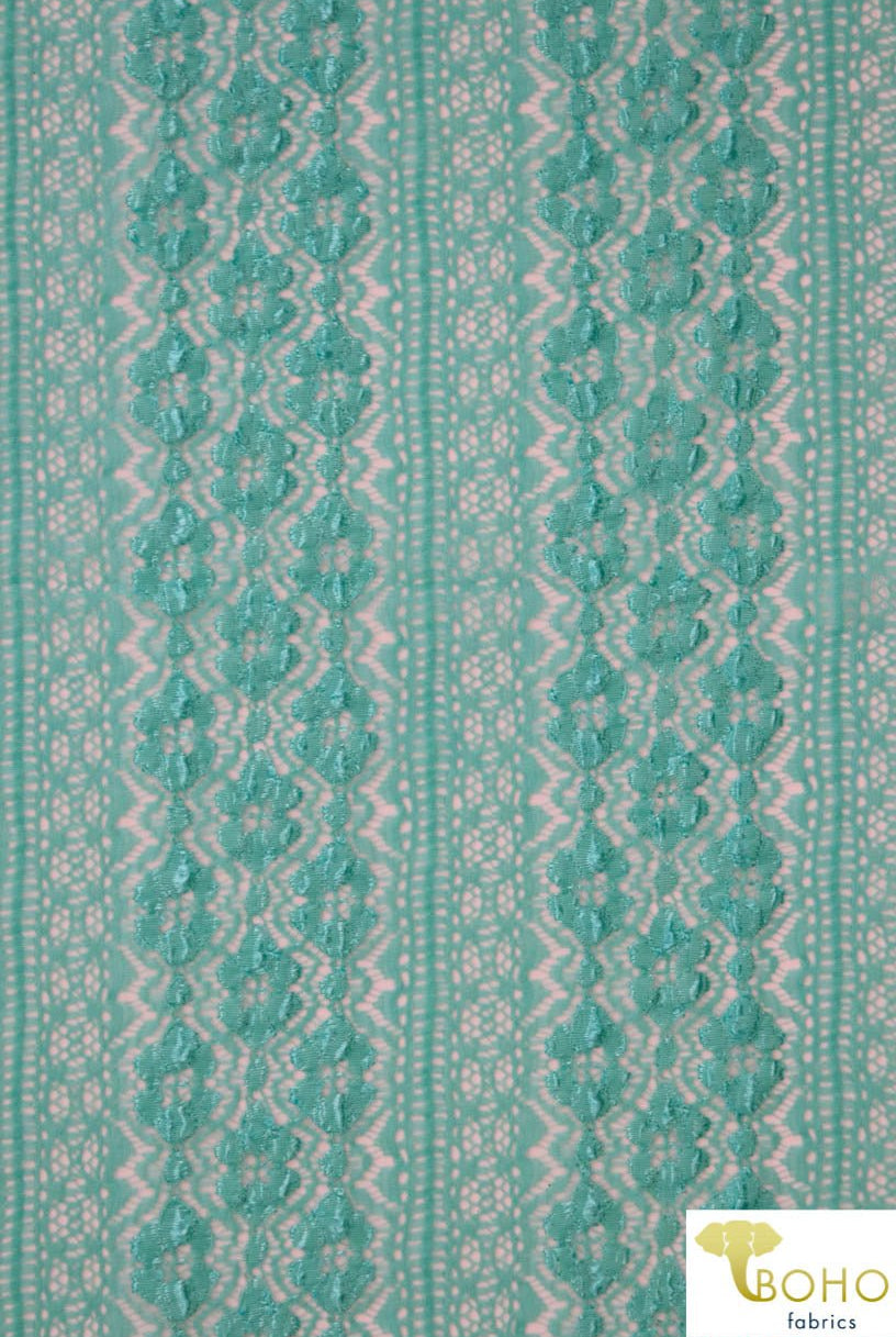 Last Cuts! Flower Kiss Crochet Stripes in Jeweled Aqua. Stretch Lace Knit. SL-106-AQA - Boho Fabrics - Stretch Lace Fabric