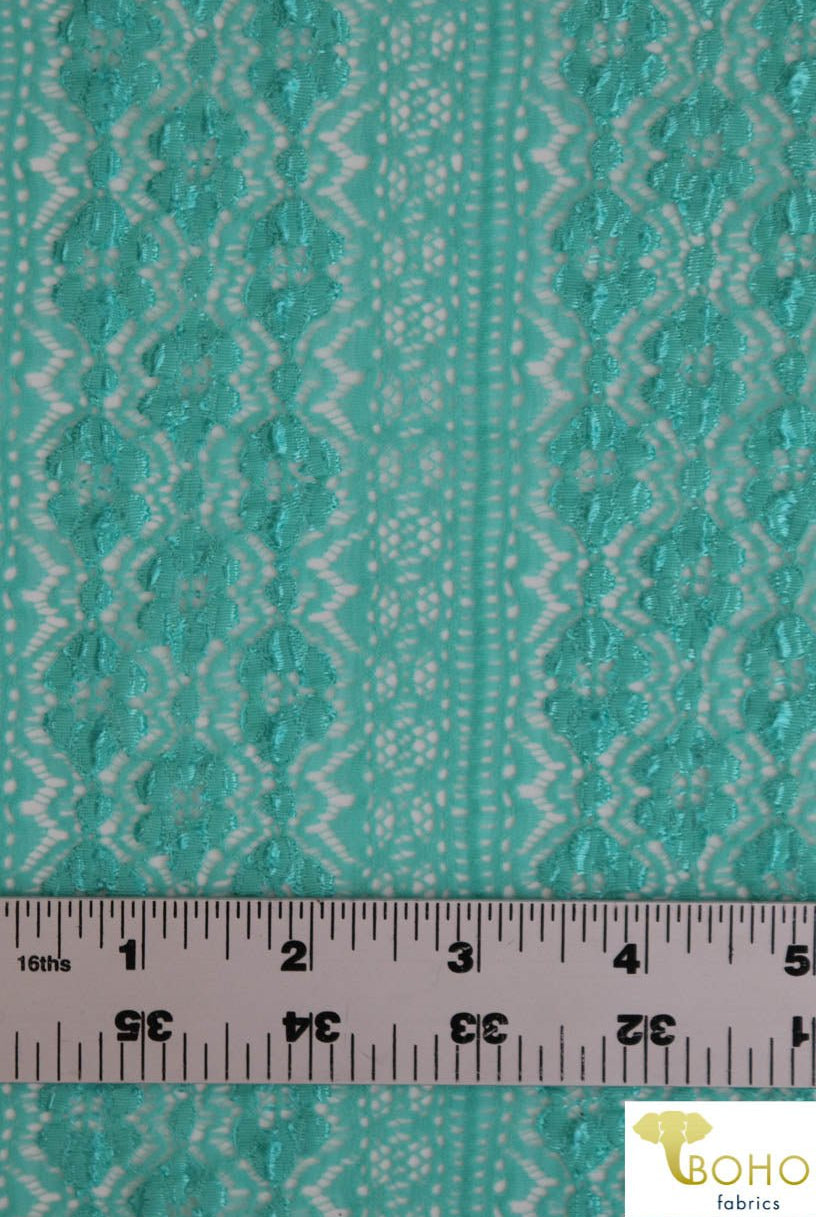 Last Cuts! Flower Kiss Crochet Stripes in Jeweled Aqua. Stretch Lace Knit. SL-106-AQA - Boho Fabrics - Stretch Lace Fabric