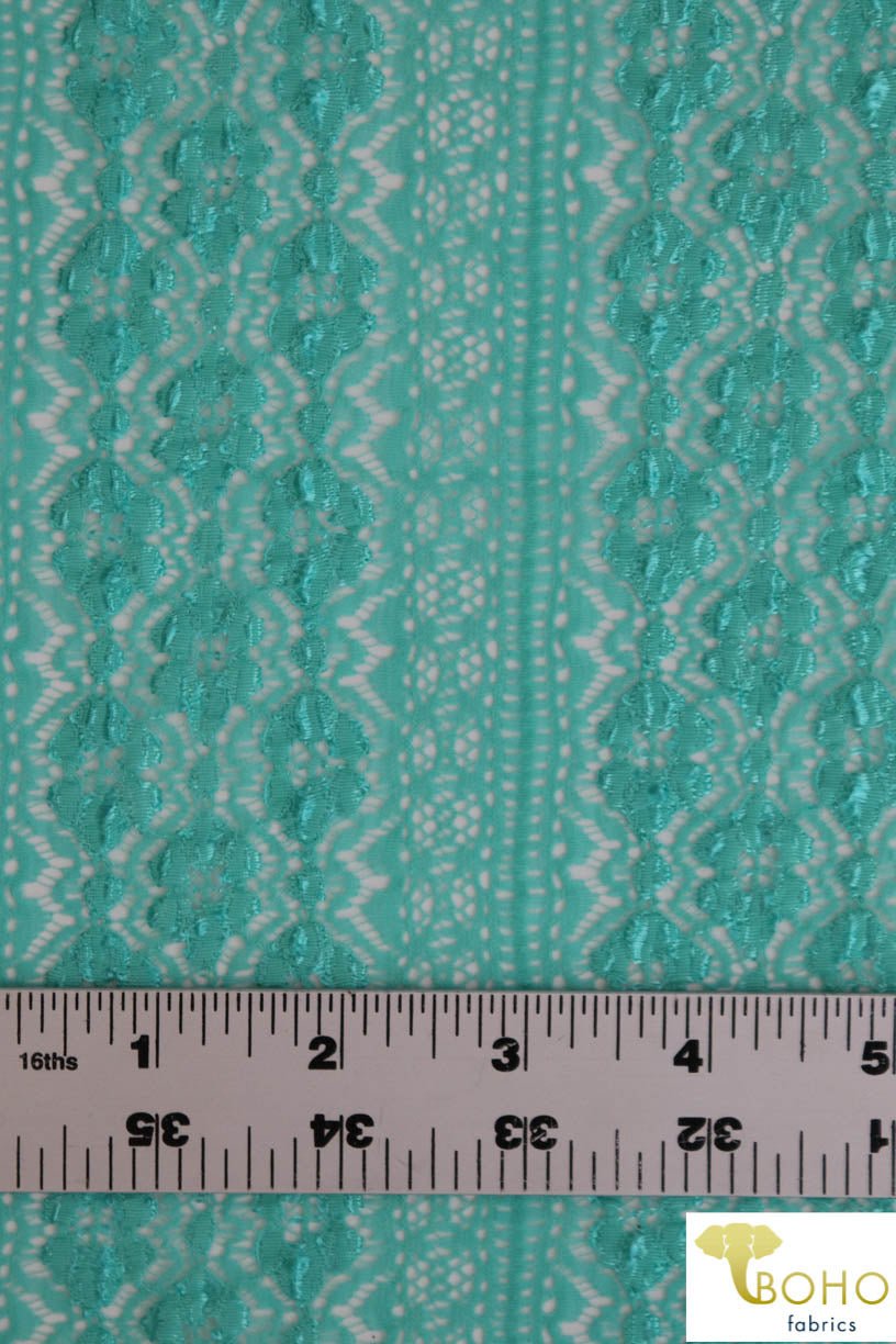 Last Cuts! Flower Kiss Crochet Stripes in Jeweled Aqua. Stretch Lace Knit. SL-106-AQA - Boho Fabrics - Stretch Lace Fabric