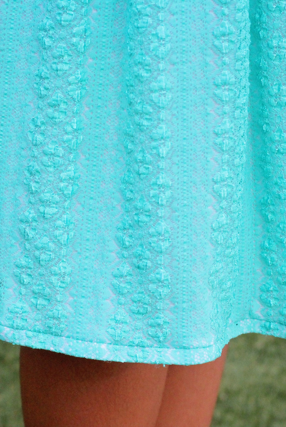 Last Cuts! Flower Kiss Crochet Stripes in Jeweled Aqua. Stretch Lace Knit. SL-106-AQA - Boho Fabrics - Stretch Lace Fabric