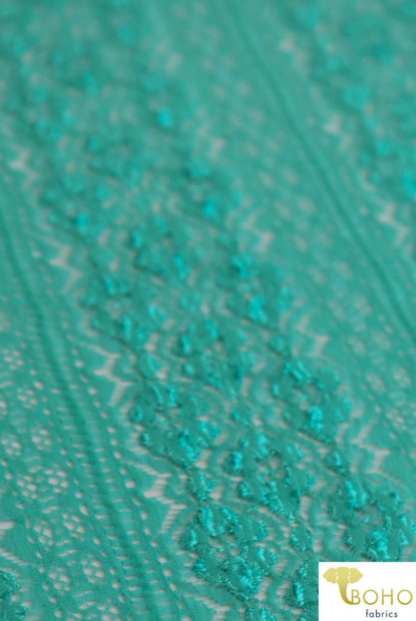 Last Cuts! Flower Kiss Crochet Stripes in Jeweled Aqua. Stretch Lace Knit. SL-106-AQA - Boho Fabrics - Stretch Lace Fabric