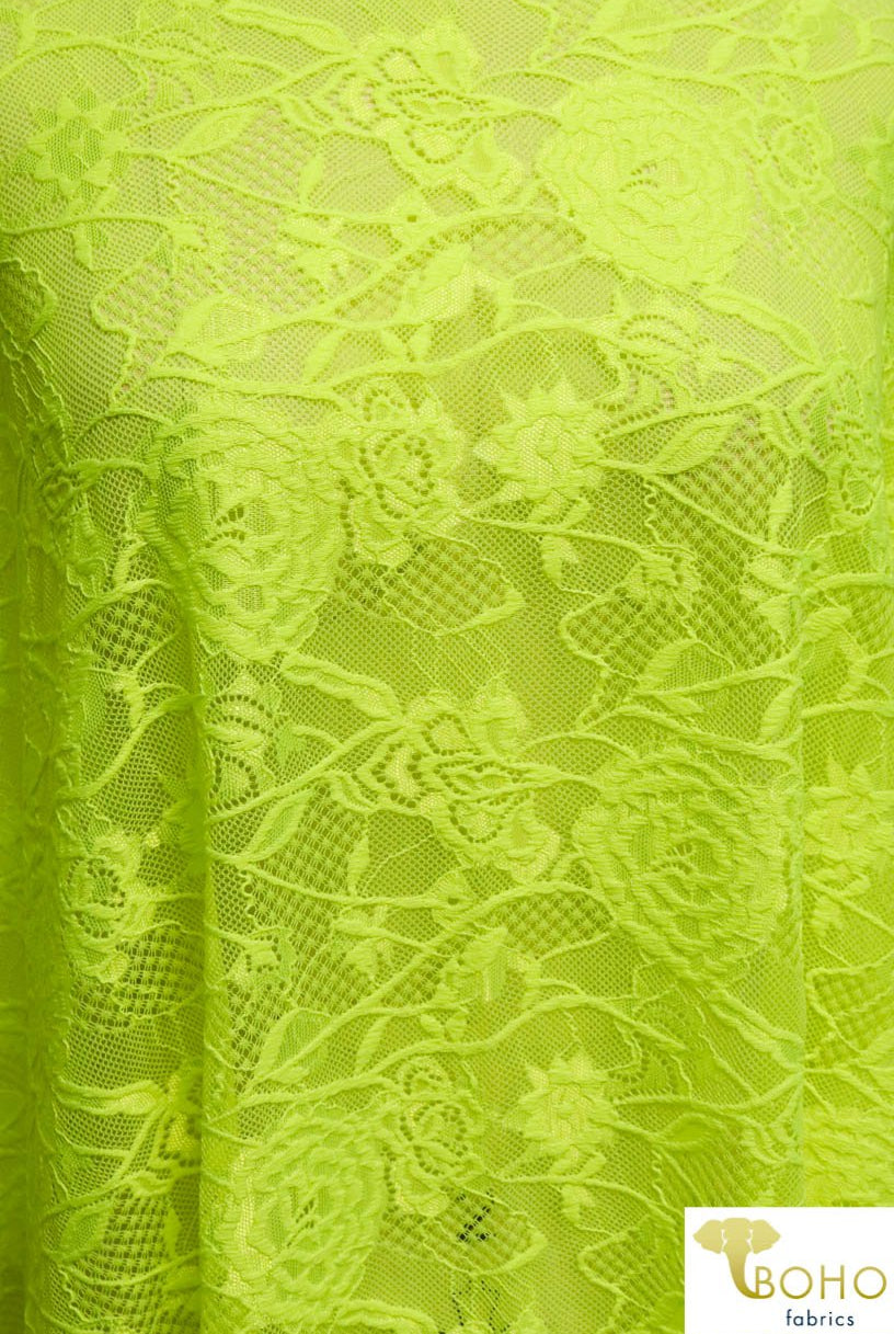 Last Cuts! Neon Yellow Carnations. Double Scallop Stretch Lace. SL-101. - Boho Fabrics
