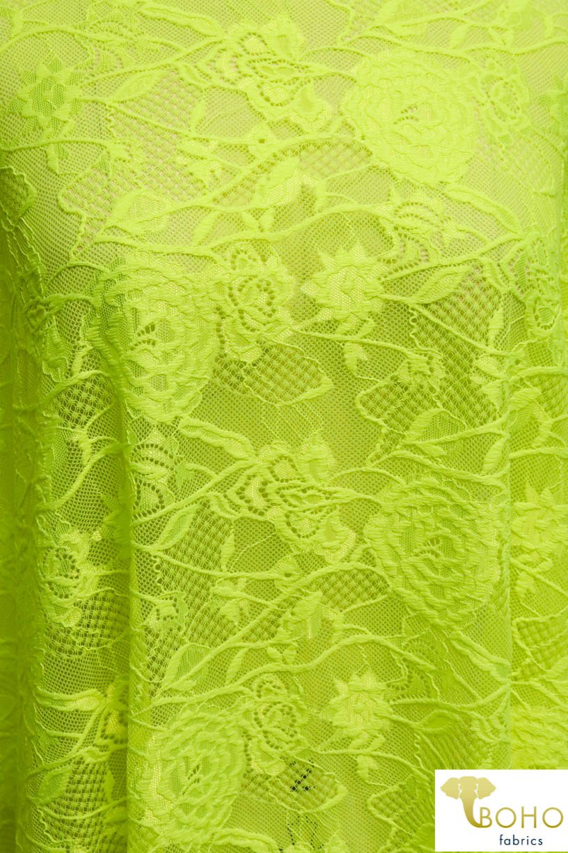 Last Cuts! Neon Yellow Carnations. Double Scallop Stretch Lace. SL-101. - Boho Fabrics