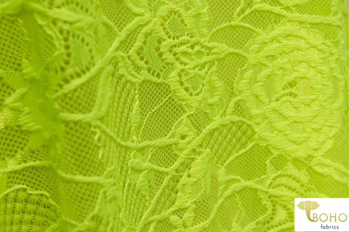 Last Cuts! Neon Yellow Carnations. Double Scallop Stretch Lace. SL-101. - Boho Fabrics