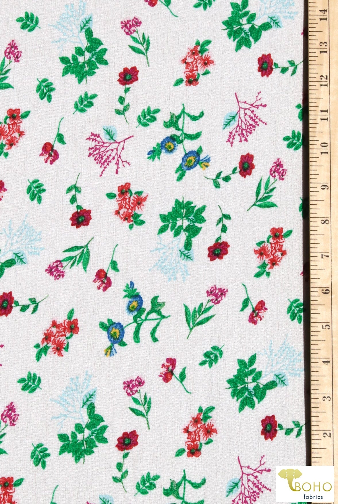 Last Cuts! Sage Botanicals on White, Rayon Crepe Woven. WVP-205-WHT - Boho Fabrics
