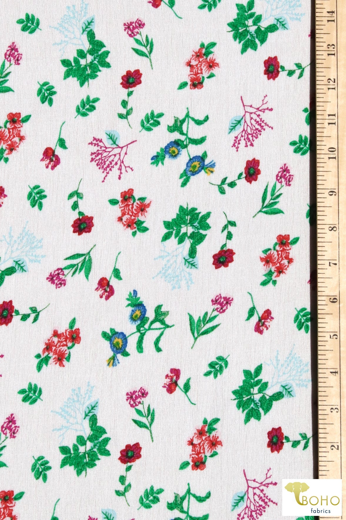 Last Cuts! Sage Botanicals on White, Rayon Crepe Woven. WVP-205-WHT - Boho Fabrics