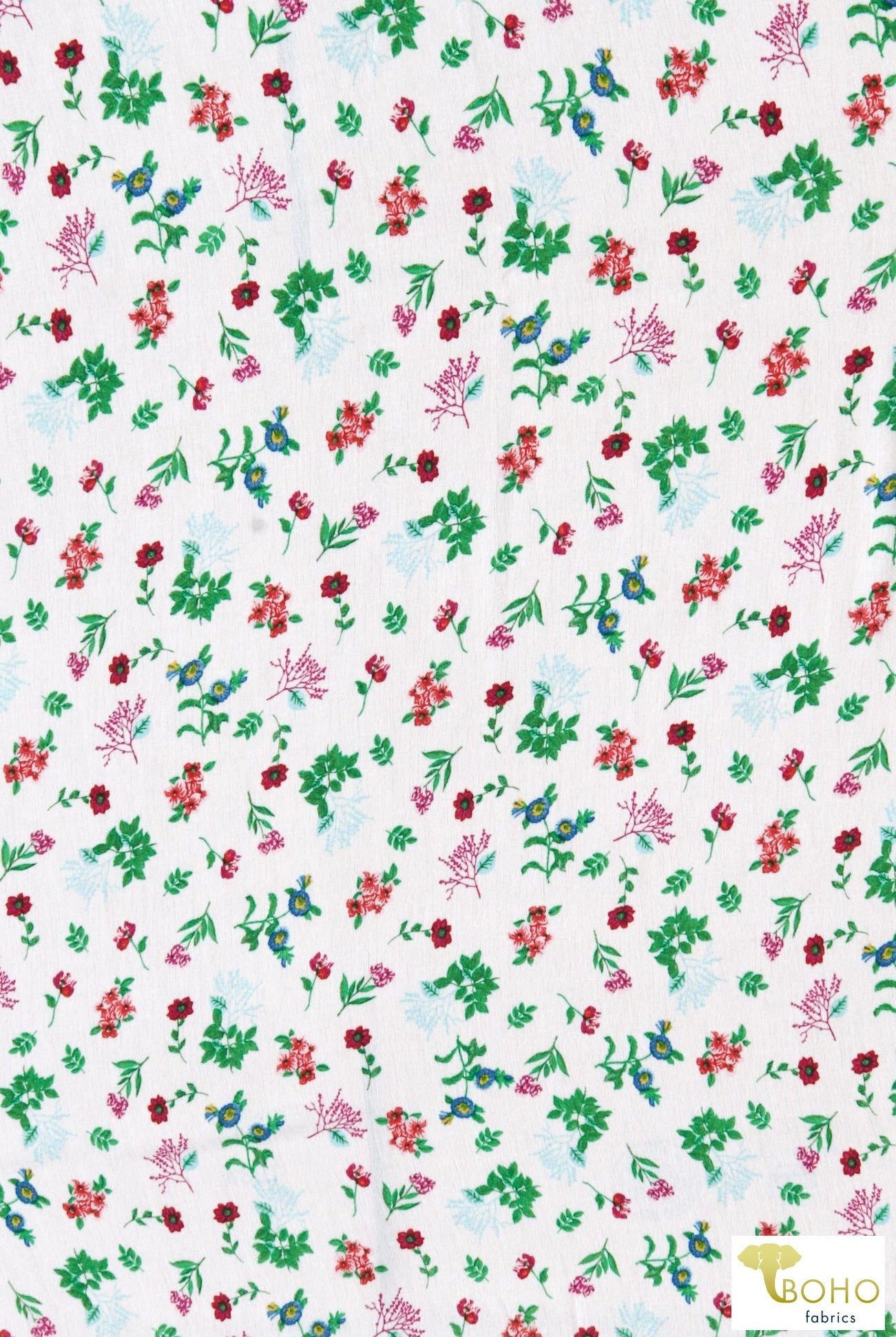 Last Cuts! Sage Botanicals on White, Rayon Crepe Woven. WVP-205-WHT - Boho Fabrics