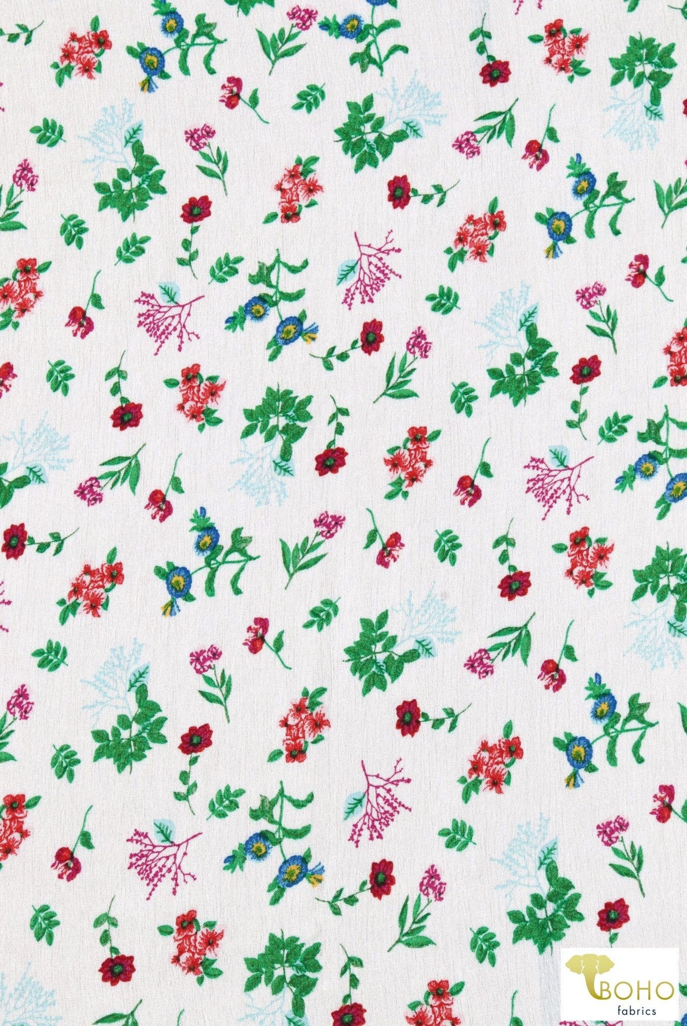 Last Cuts! Sage Botanicals on White, Rayon Crepe Woven. WVP-205-WHT - Boho Fabrics