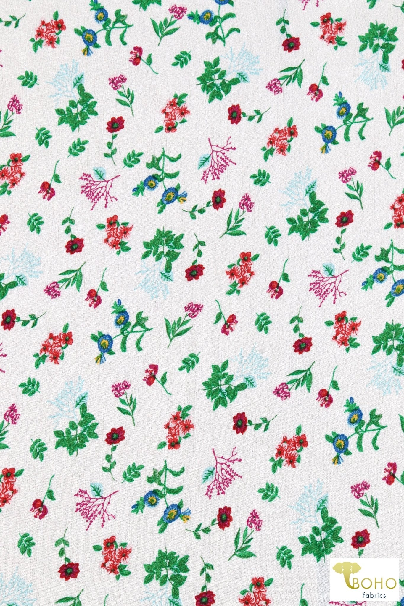 Last Cuts! Sage Botanicals on White, Rayon Crepe Woven. WVP-205-WHT - Boho Fabrics