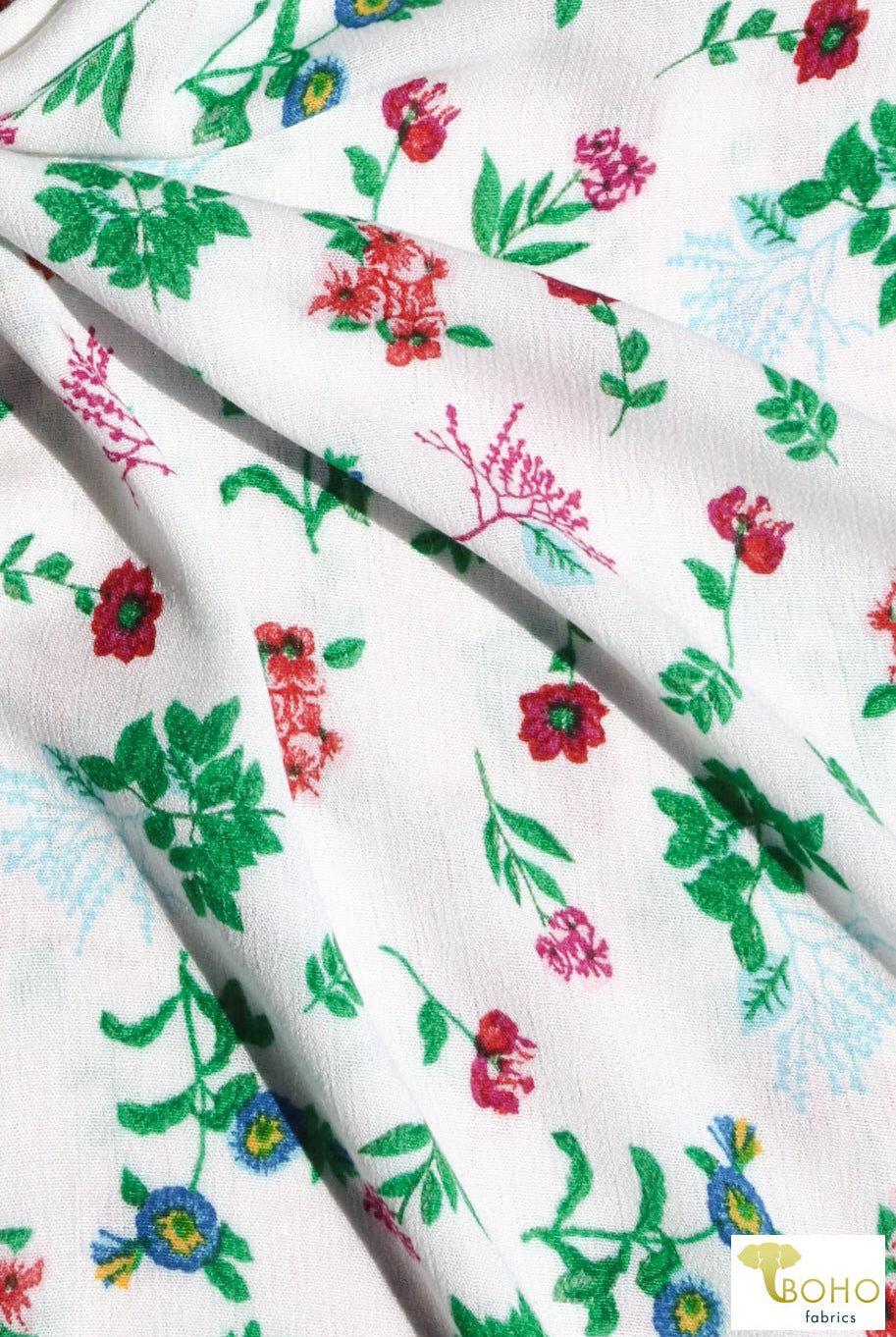 Last Cuts! Sage Botanicals on White, Rayon Crepe Woven. WVP-205-WHT - Boho Fabrics