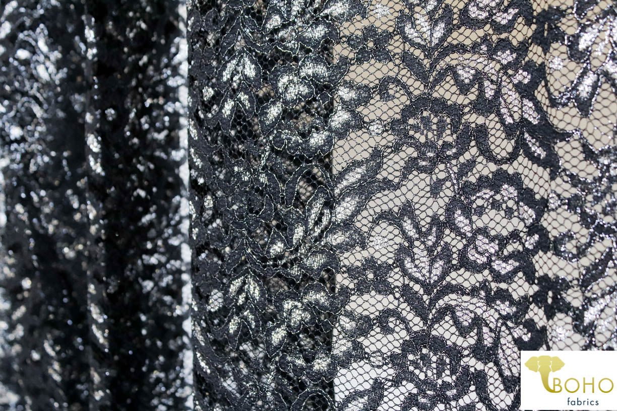 Last Cuts! Silver Leaves on Black. Woven Lace. WV-129 - Boho Fabrics