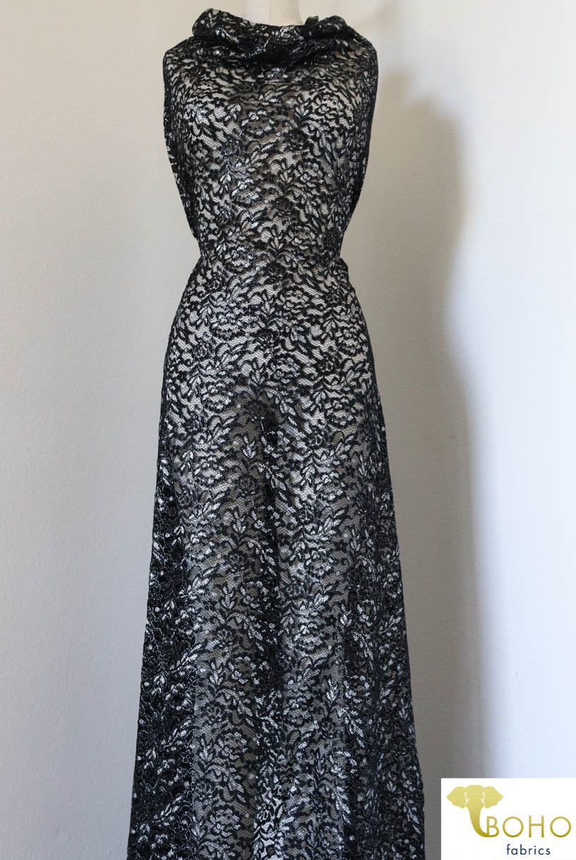 Last Cuts! Silver Leaves on Black. Woven Lace. WV-129 - Boho Fabrics