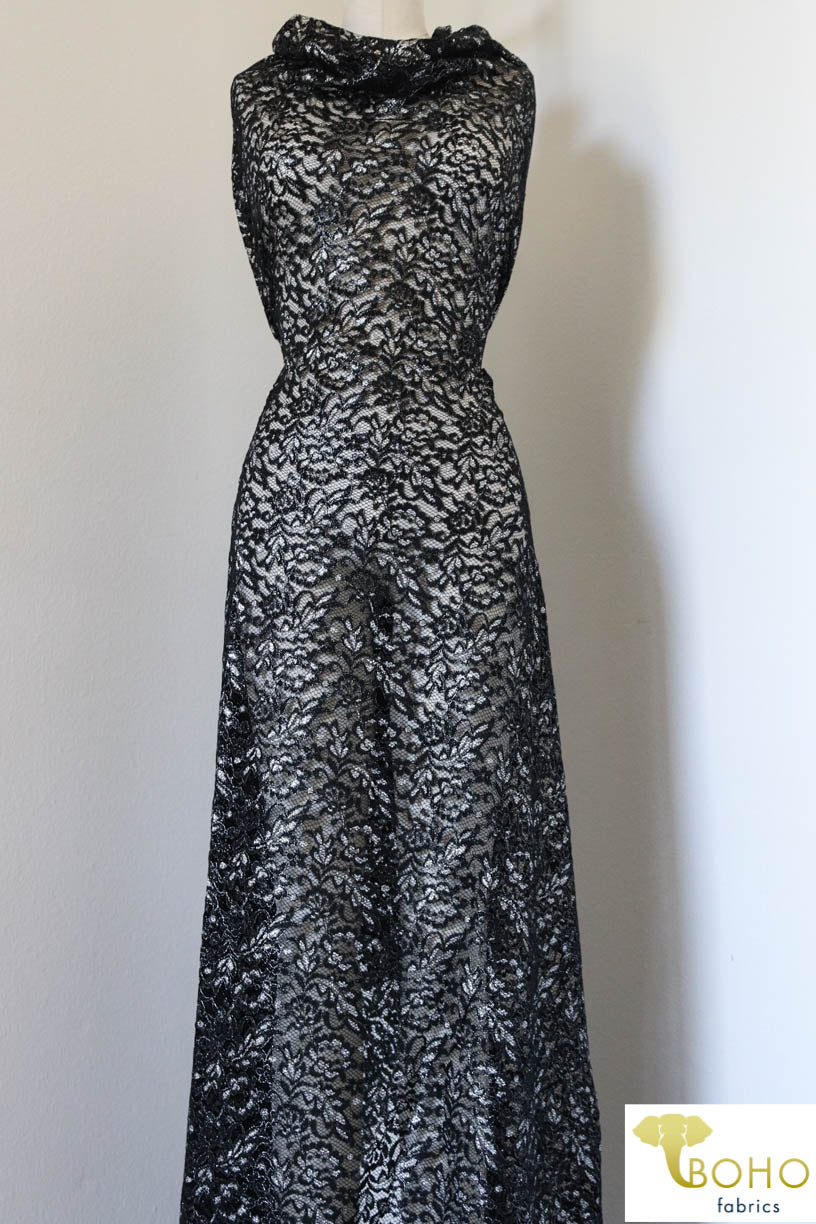 Last Cuts! Silver Leaves on Black. Woven Lace. WV-129 - Boho Fabrics