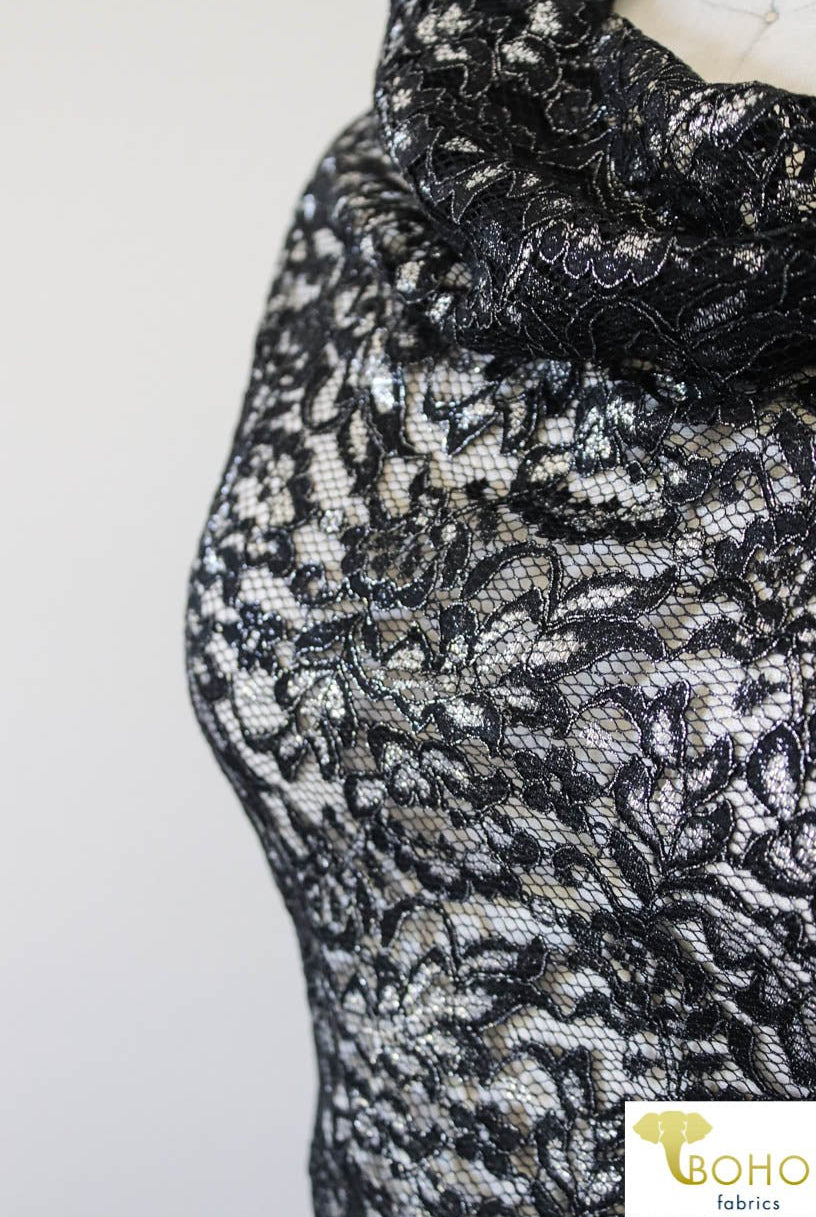 Last Cuts! Silver Leaves on Black. Woven Lace. WV-129 - Boho Fabrics