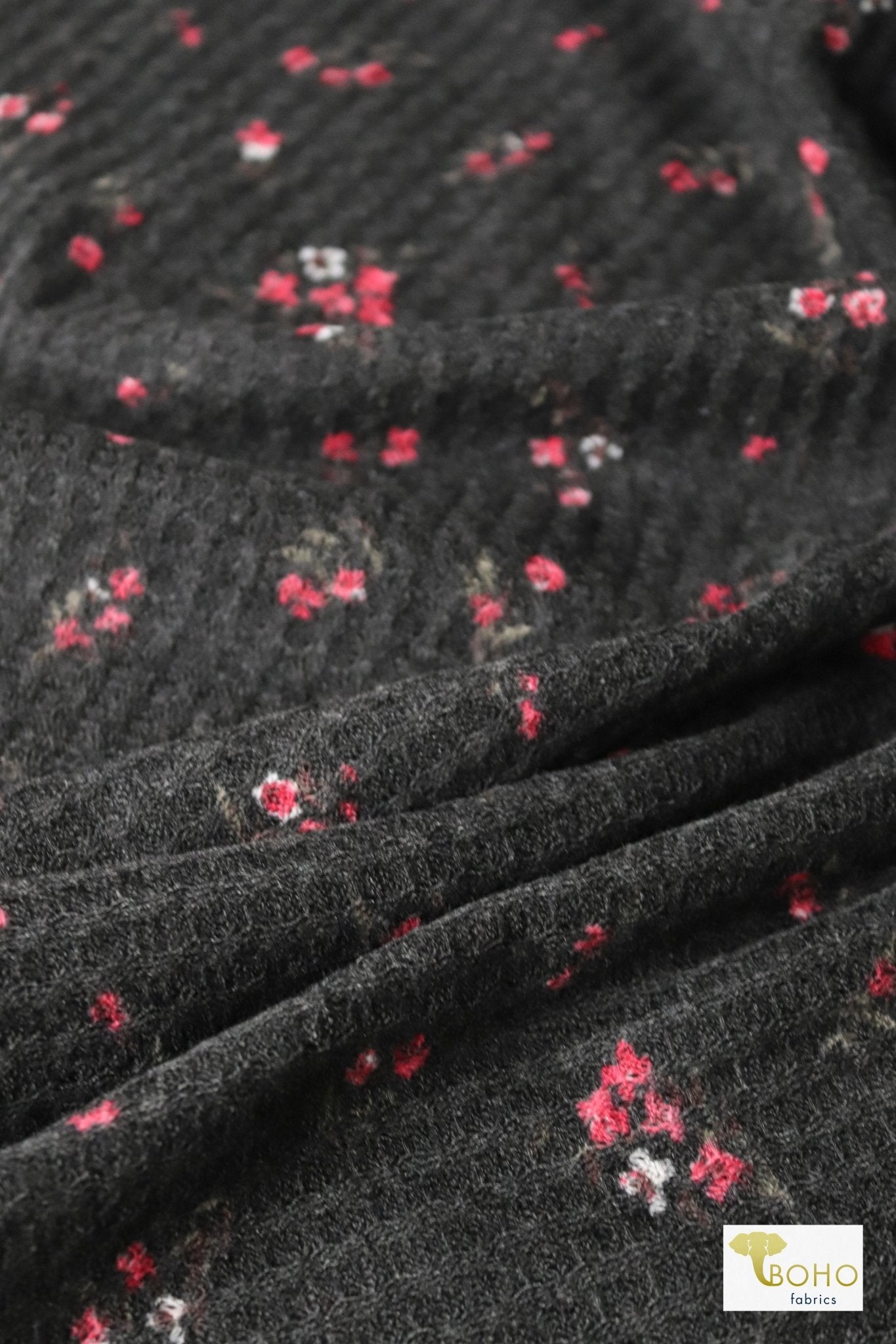 Last Cuts! Simone Florals on Charcoal, Waffle Knit Fabric - Boho Fabrics
