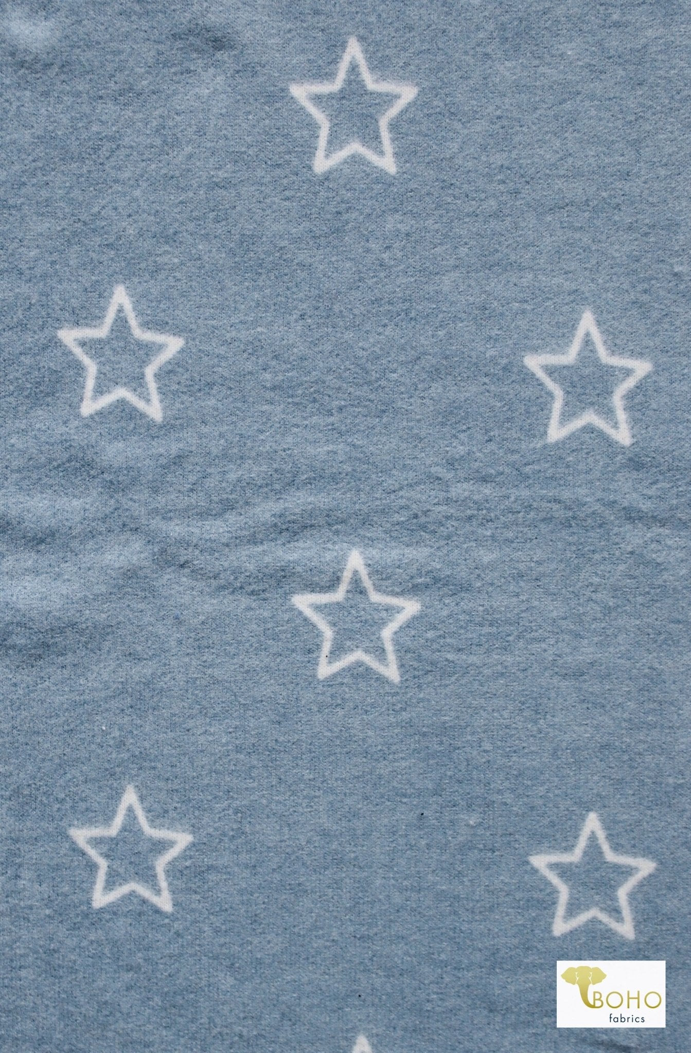 Light Blue Stars, Brushed Printed Sweater Knit Fabric - Boho Fabrics