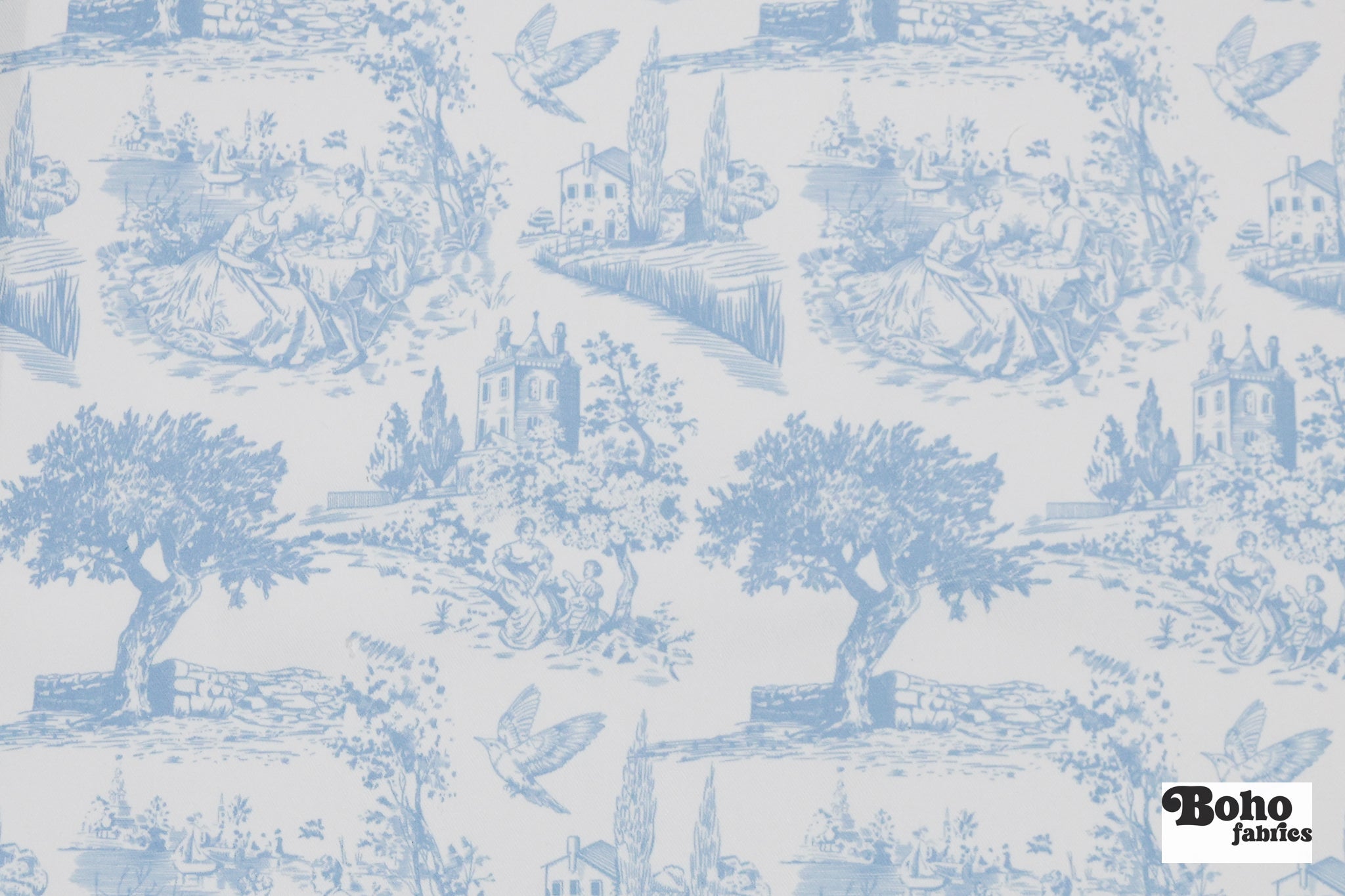 Light Blue & White, Toile Twill Woven Fabric - Boho Fabrics - Woven Fabric