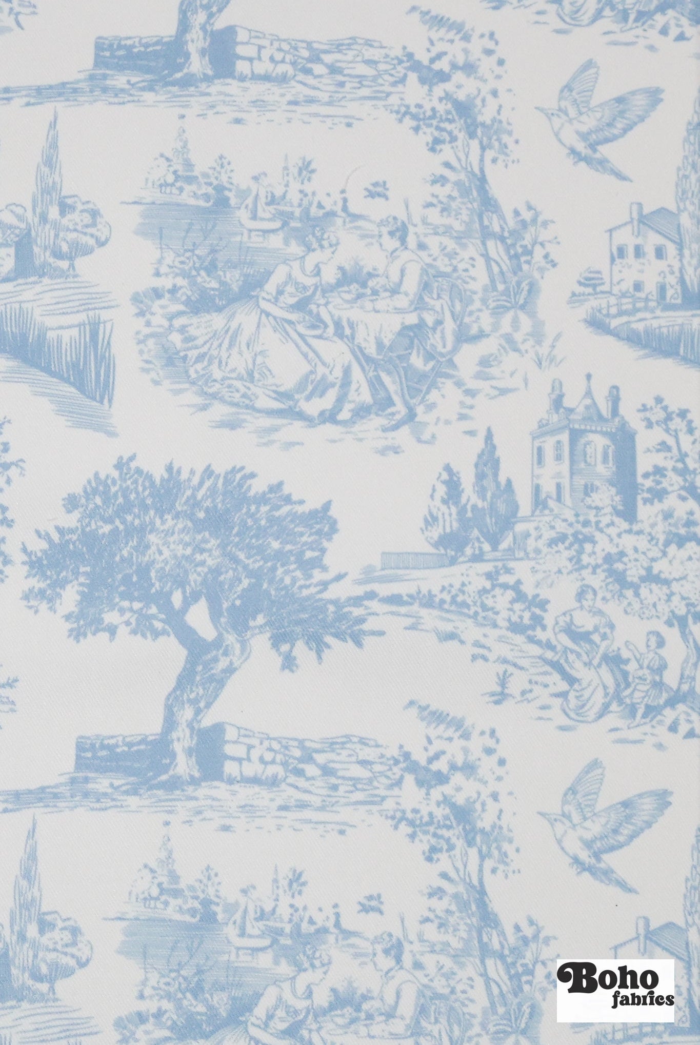 Light Blue & White, Toile Twill Woven Fabric - Boho Fabrics - Woven Fabric