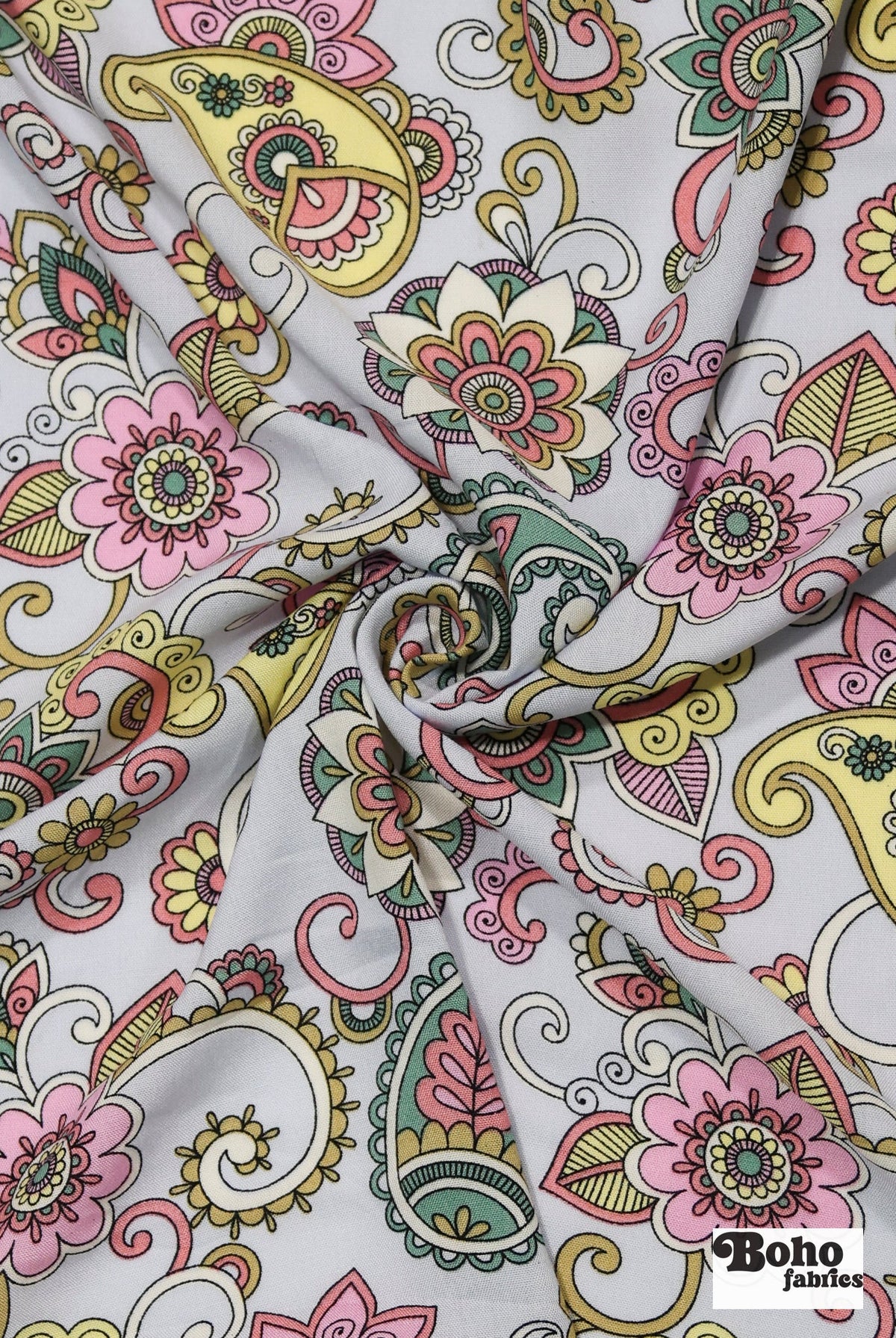 Light Blue with Pastel Paisley and Florals Rayon Challis Woven Fabric - Boho Fabrics - Challis, Woven