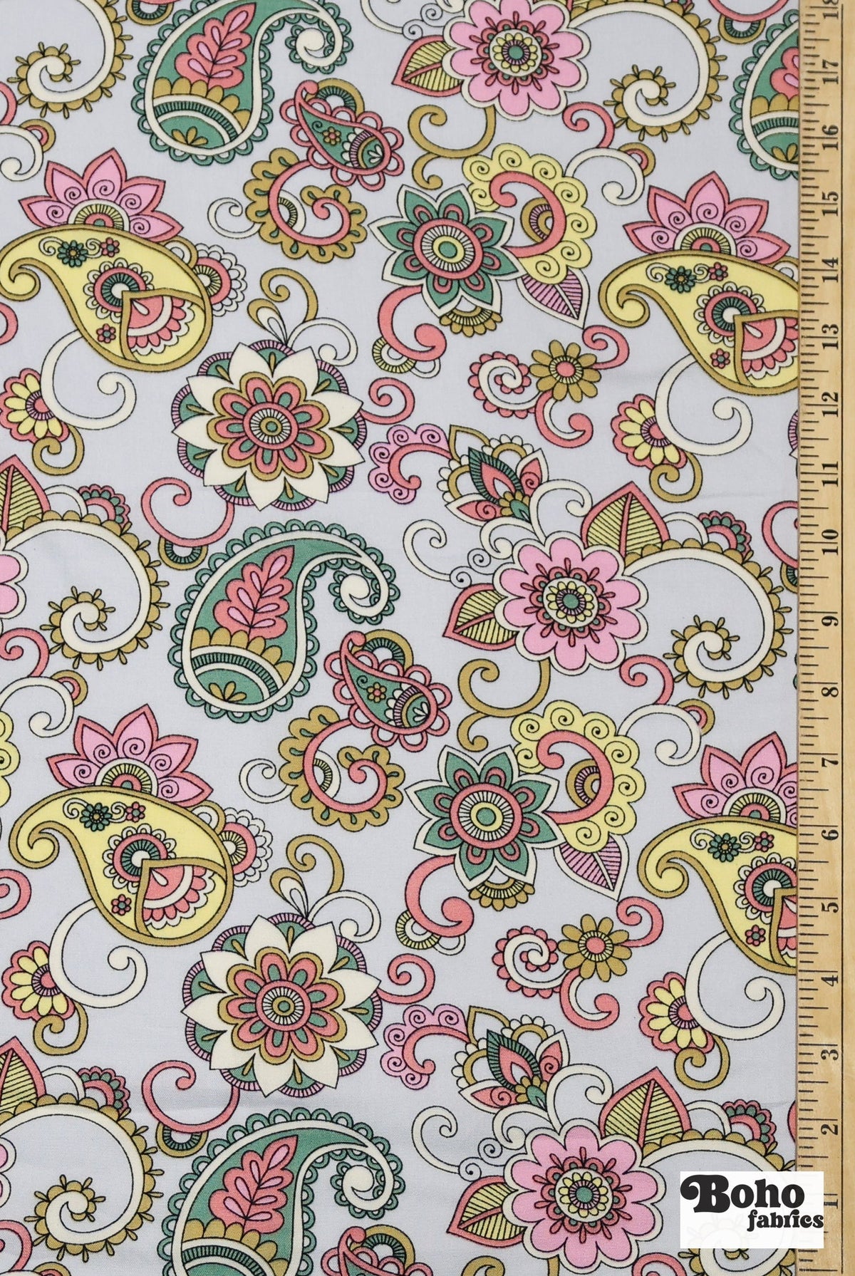 Light Blue with Pastel Paisley and Florals Rayon Challis Woven Fabric - Boho Fabrics - Challis, Woven