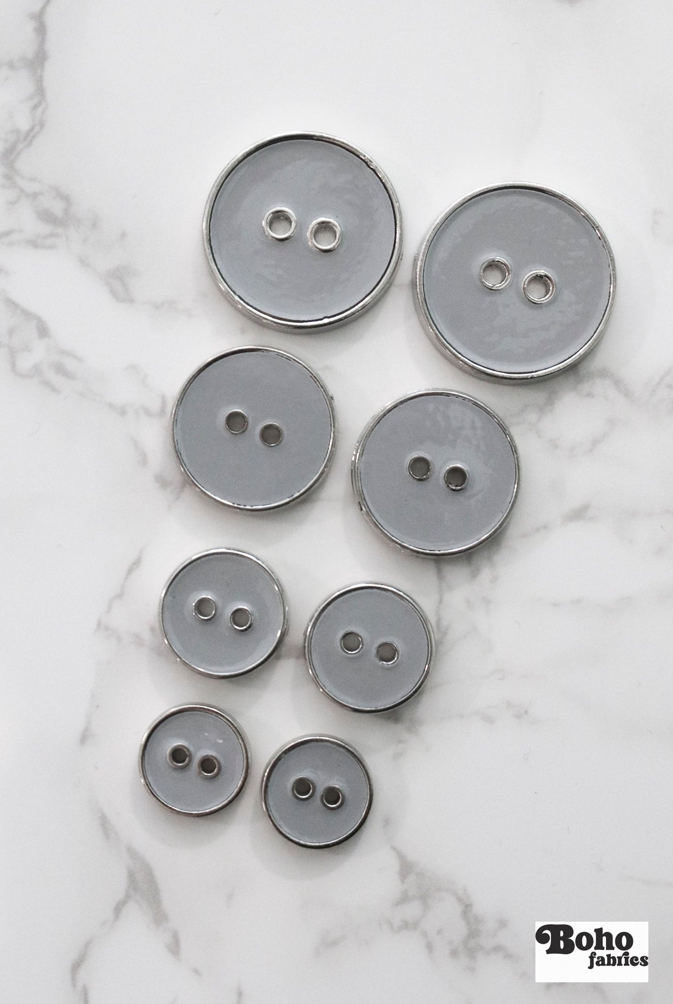 Light Gray Silver Rimmed Two - hole Buttons. Available in 12.5mm (20L), 15mm (24L), 23mm (36L), and 28mm (44L) (Copy) - Boho Fabrics - Buttons & Snaps