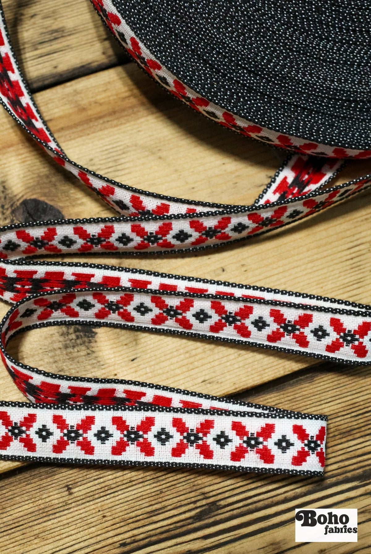 Little Red X, 5/8" Jacquard Woven Trim, TRIM - 009 - Boho Fabrics - Trims