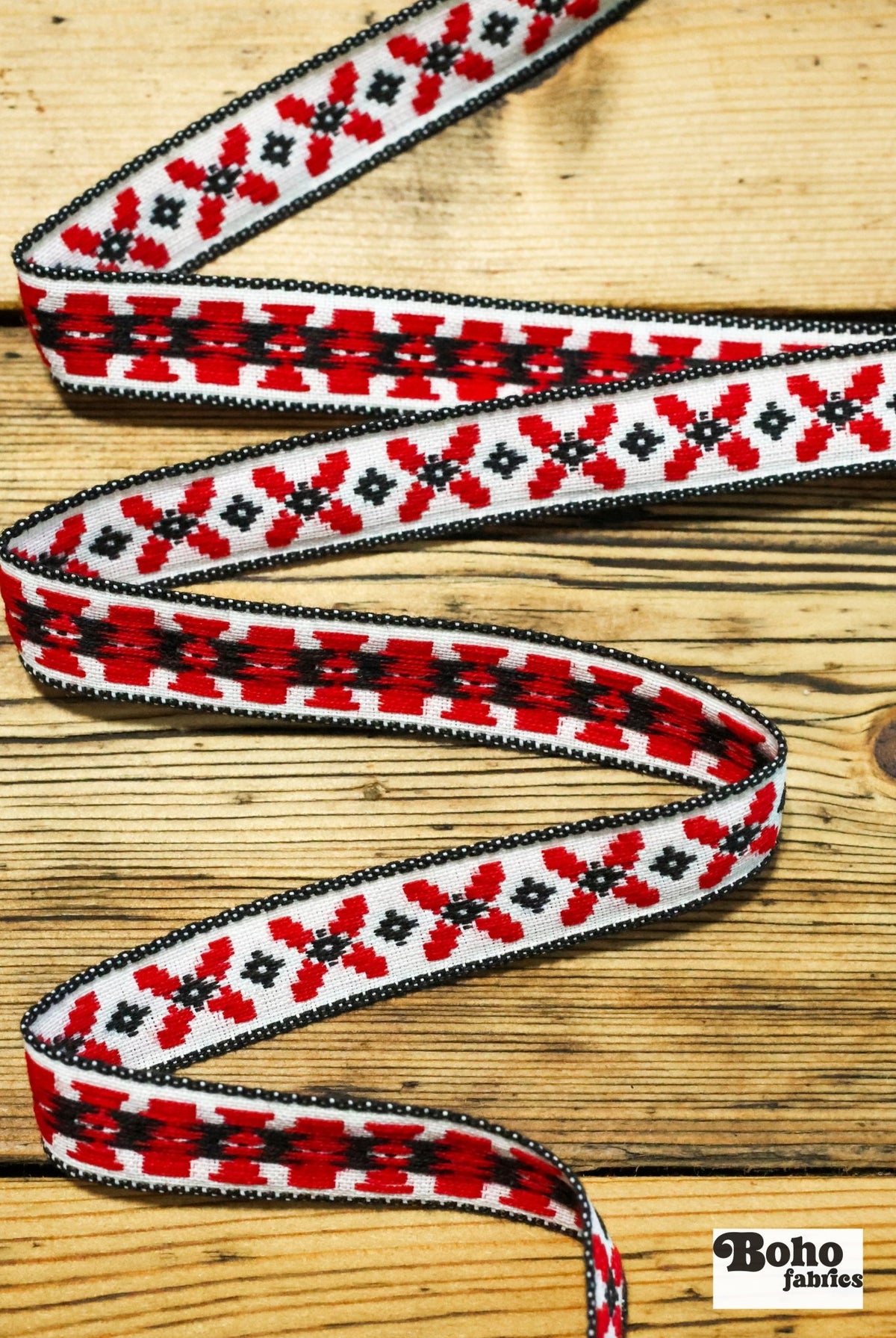 Little Red X, 5/8" Jacquard Woven Trim, TRIM - 009 - Boho Fabrics - Trims