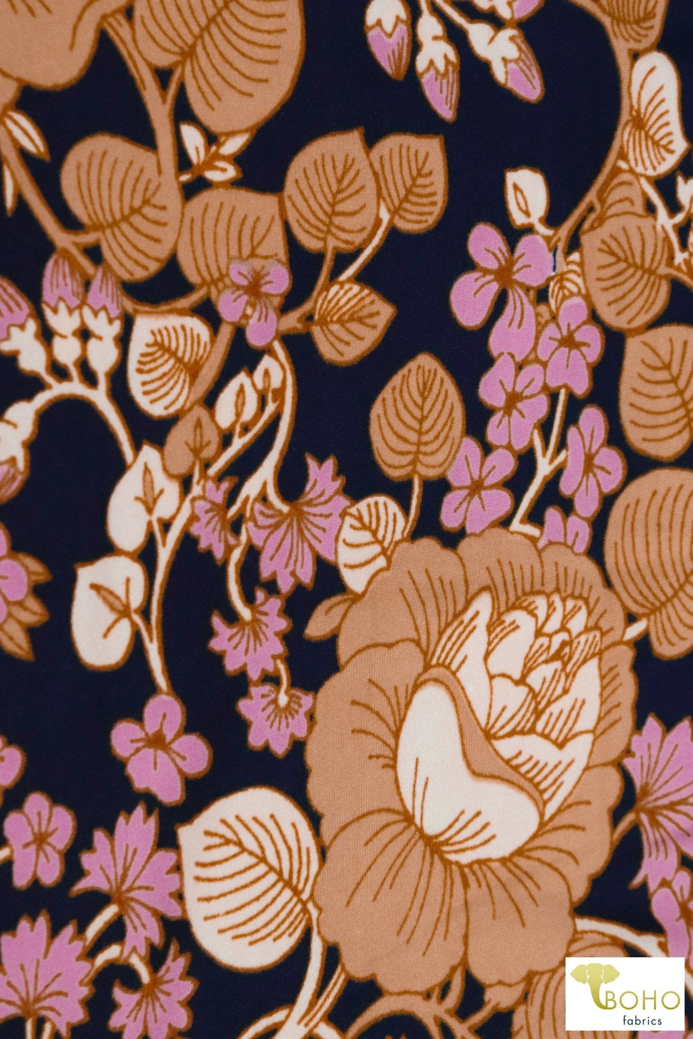 Lotus Vines on Navy Blue. Double Brushed Poly Knit Fabric. BP-112-NVY - Boho Fabrics