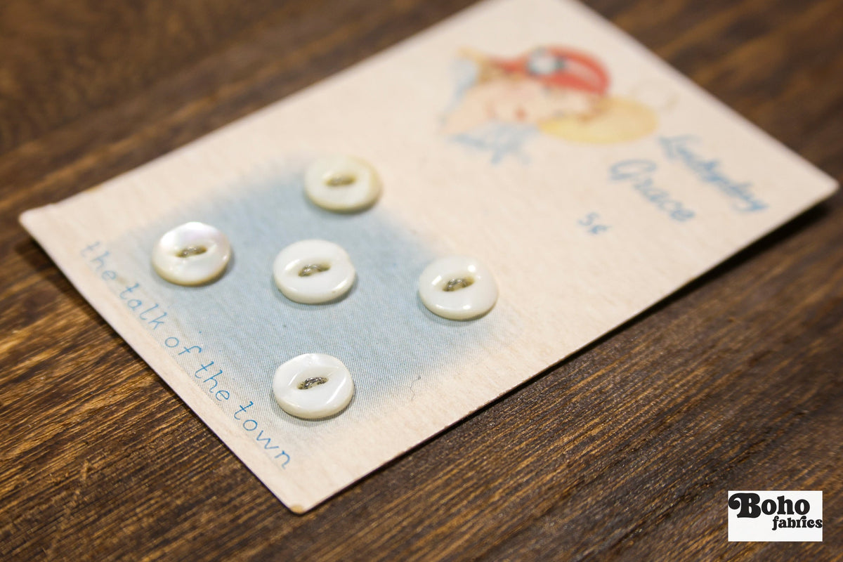 Luckyday Grace Vintage Mother of Pearl Button Card — 11mm White Buttons, Illustrated Lady in Red Hat, 1930s - Boho Fabrics - Buttons & Snaps
