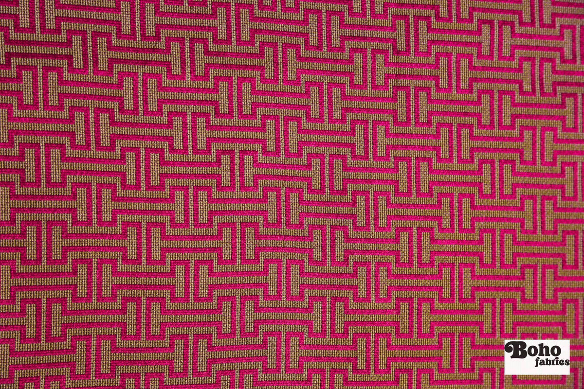 Magenta & Gold Geometric Fretwork Upholstery Woven Fabric - Boho Fabrics - Home Dec. & Upholstery Fabric